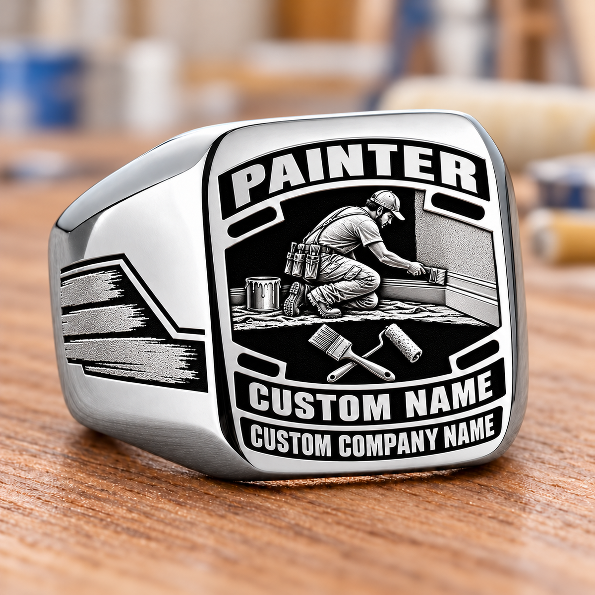 Personalized Painter Signet Ring - Black Face Badge — Silver variant