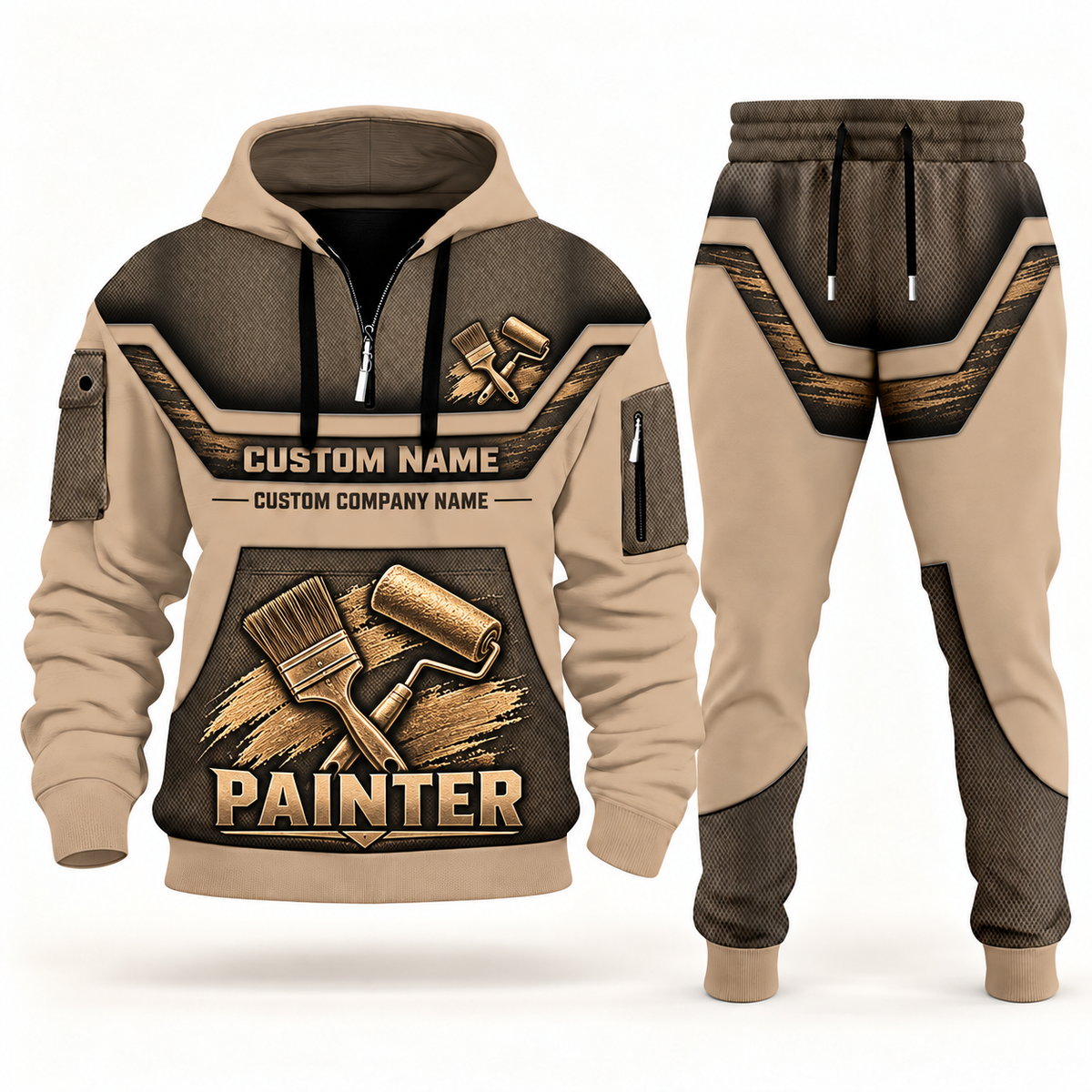 Personalized Painter Half Zip Hoodie + Jogger Combo with Name & Company — Sand variant