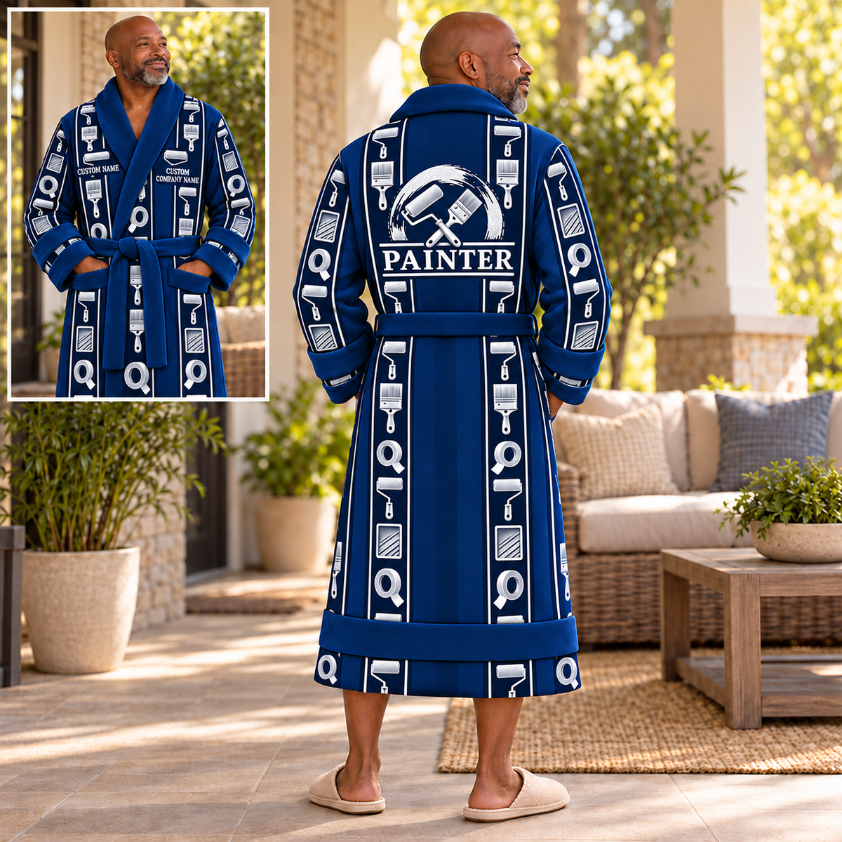 Personalized Painter Bathrobe – Workbench Stripes — dedicated listing hero