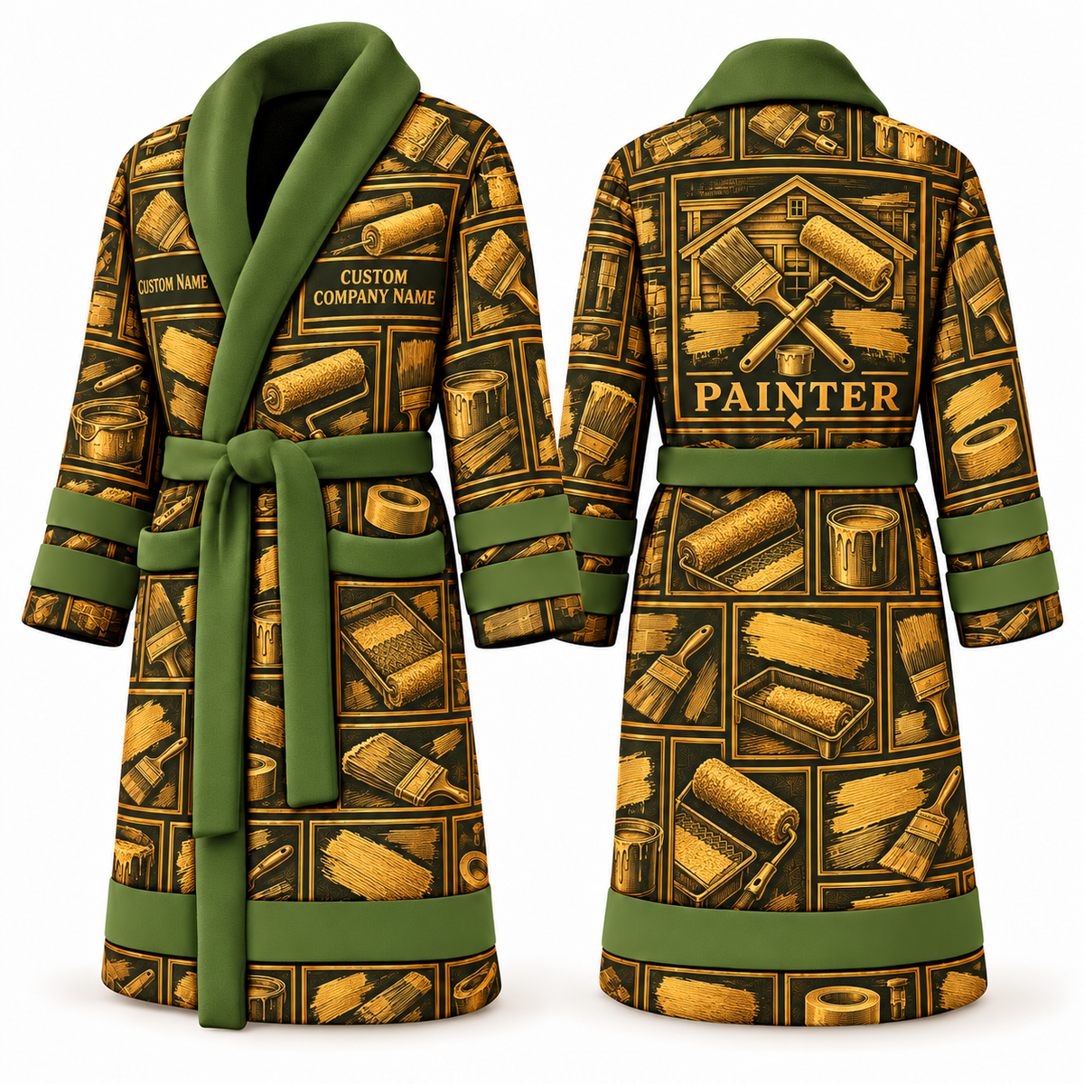 Personalized Painter Bathrobe – Vintage Patchwork — Olive variant
