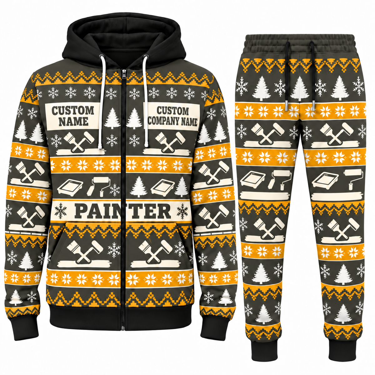 Personalized Painter Holiday Fair Isle Combo Zip Hoodie + Jogger with Name and Company — Charcoal Olive variant