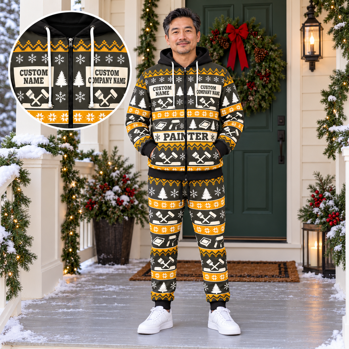 Personalized Painter Holiday Fair Isle Combo Zip Hoodie + Jogger with Name and Company — dedicated listing hero