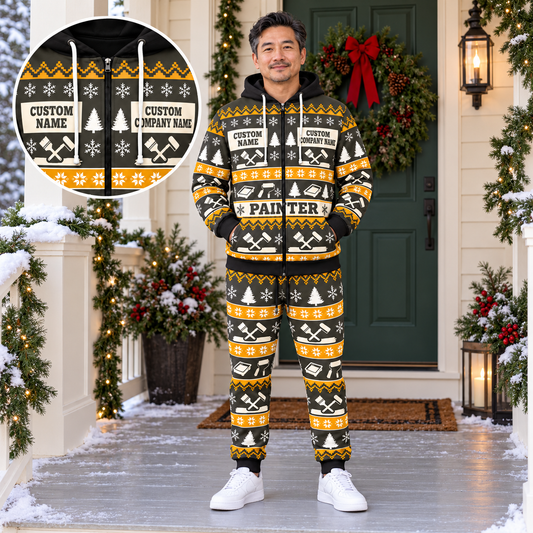 Personalized Painter Holiday Fair Isle Combo Zip Hoodie + Jogger with Name and Company — dedicated listing hero