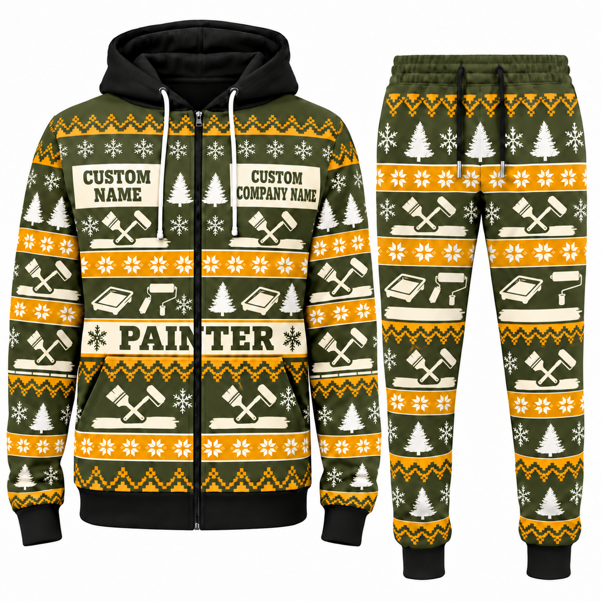 Personalized Painter Holiday Fair Isle Combo Zip Hoodie + Jogger with Name and Company — Olive variant