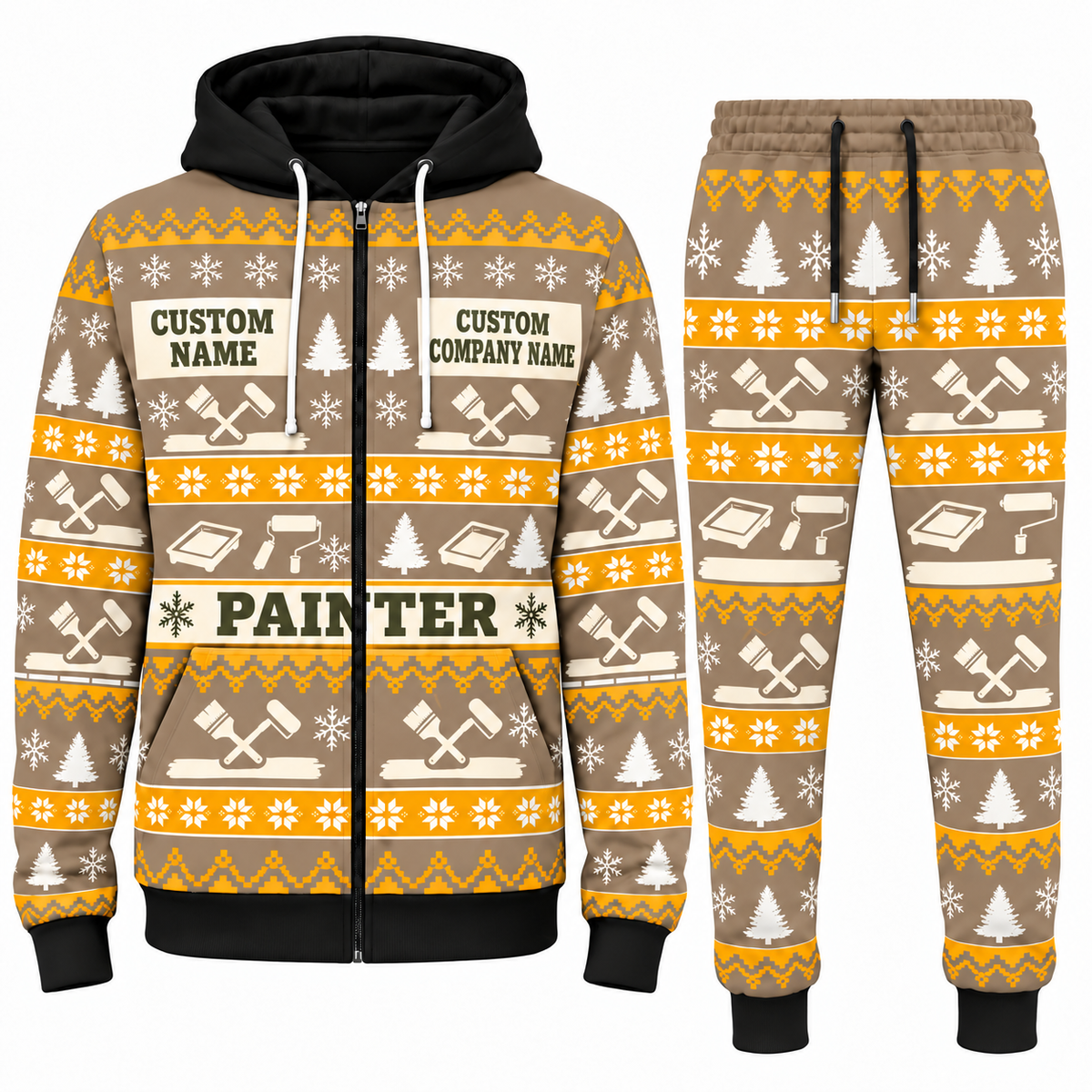 Personalized Painter Holiday Fair Isle Combo Zip Hoodie + Jogger with Name and Company — Sand variant