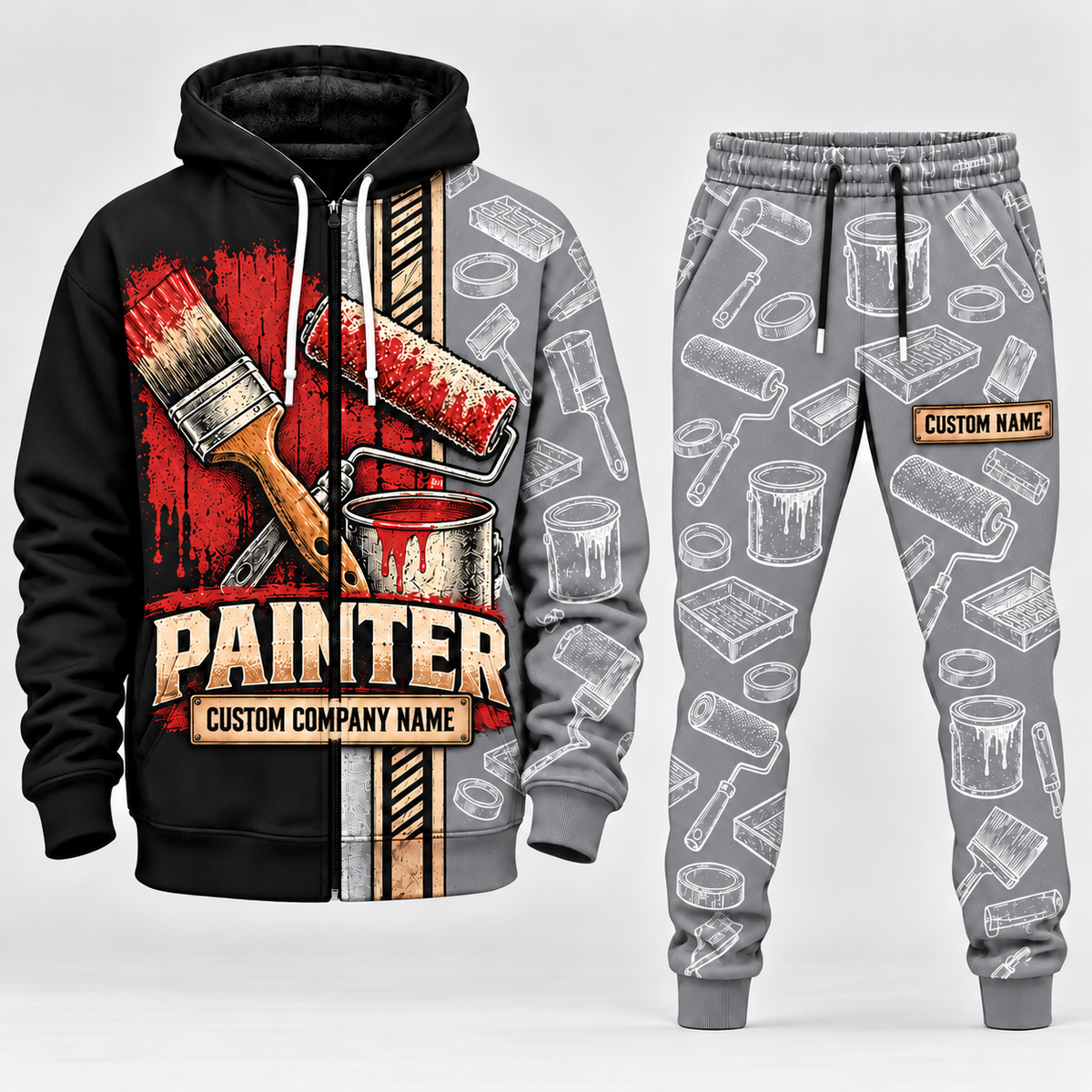 Personalized Painter Full-Zip Hoodie + Jogger with Name and Company — Light Gray variant