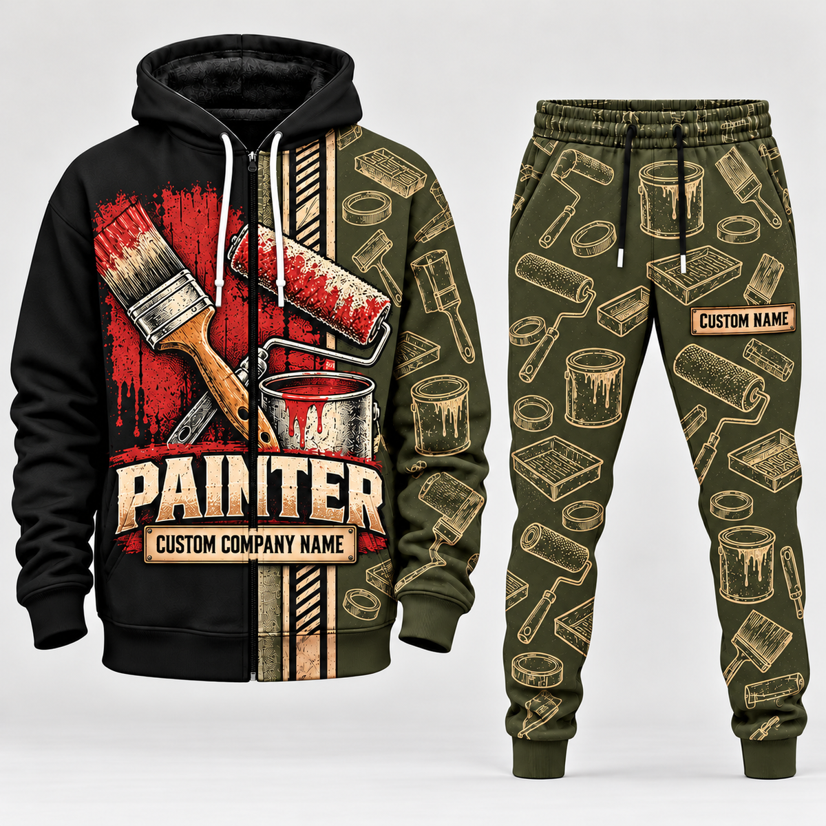 Personalized Painter Full-Zip Hoodie + Jogger with Name and Company — Olive variant