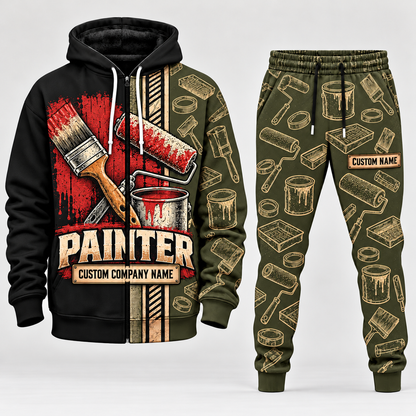 Personalized Painter Full-Zip Hoodie + Jogger with Name and Company — Olive variant