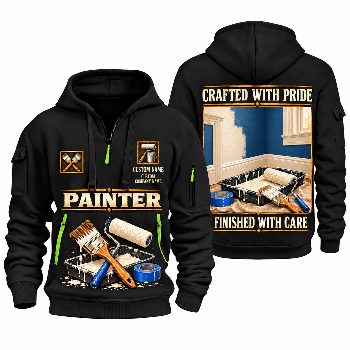 Personalized Painter Made With Care Quarter Zip Hoodie — Black variant