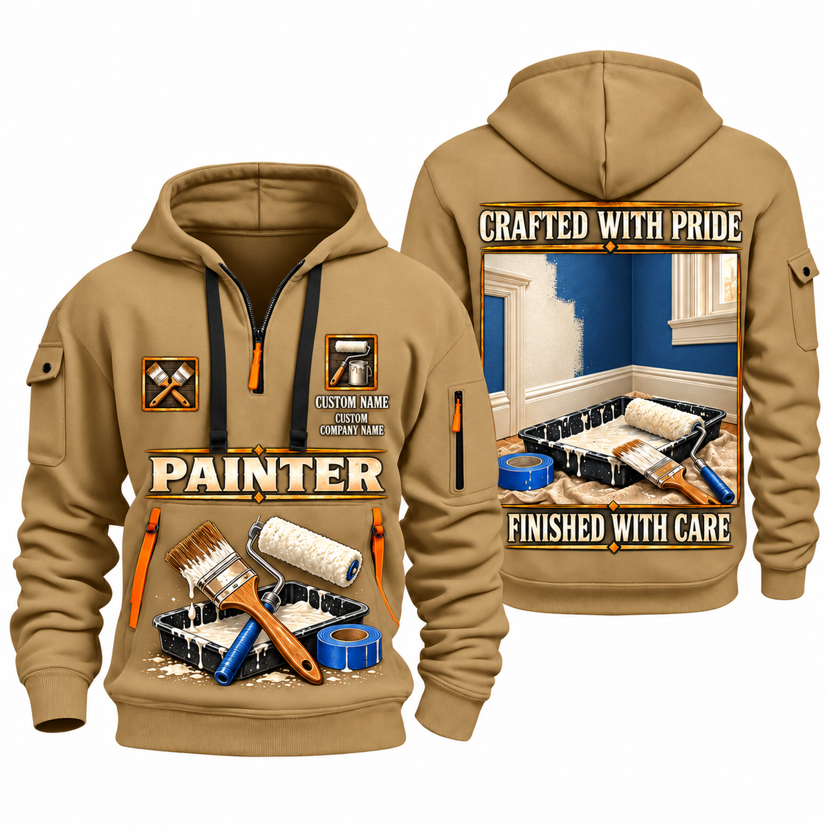 Personalized Painter Made With Care Quarter Zip Hoodie — Khaki variant