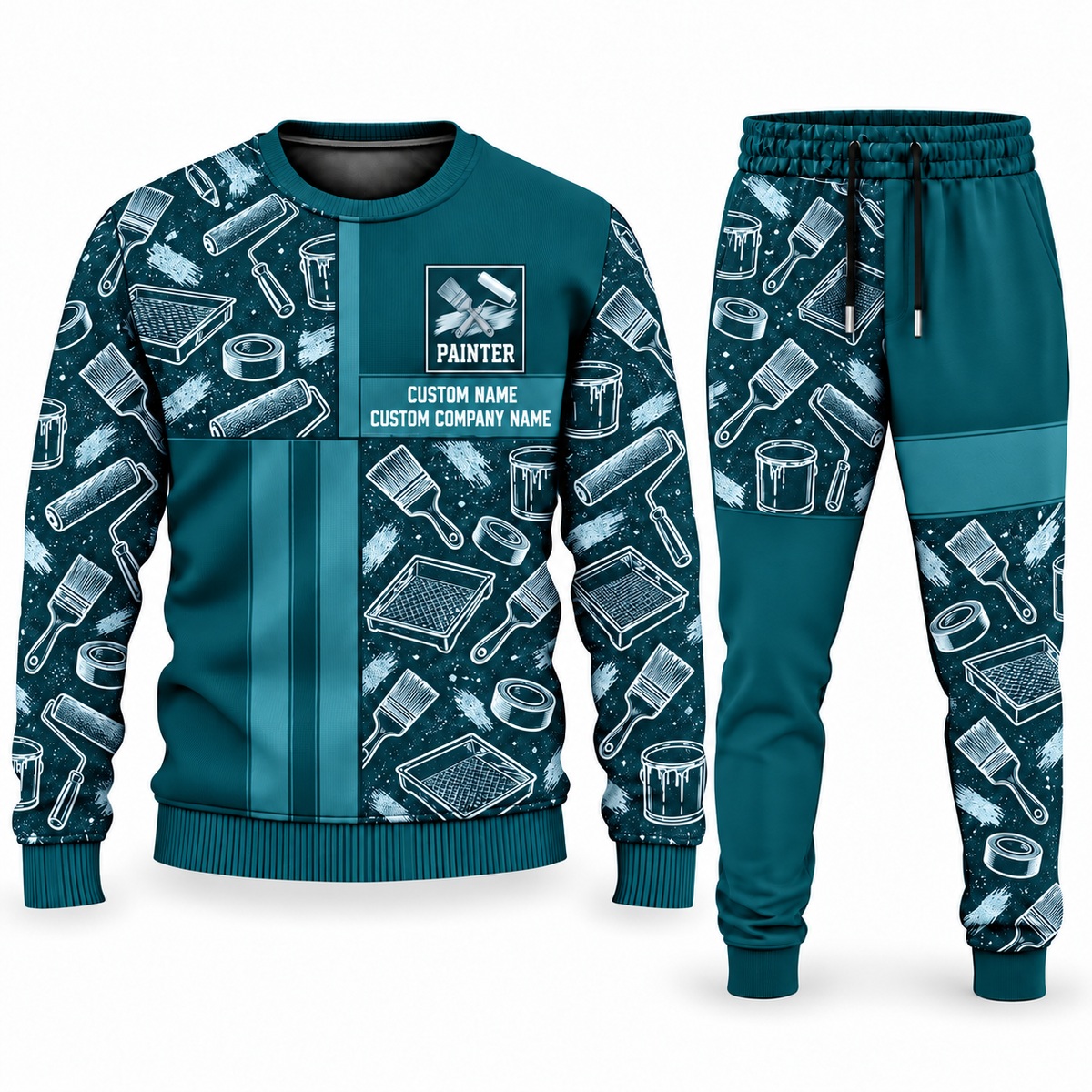 Personalized Painter Geometric Panel Sweater + Jogger Combo — Teal variant