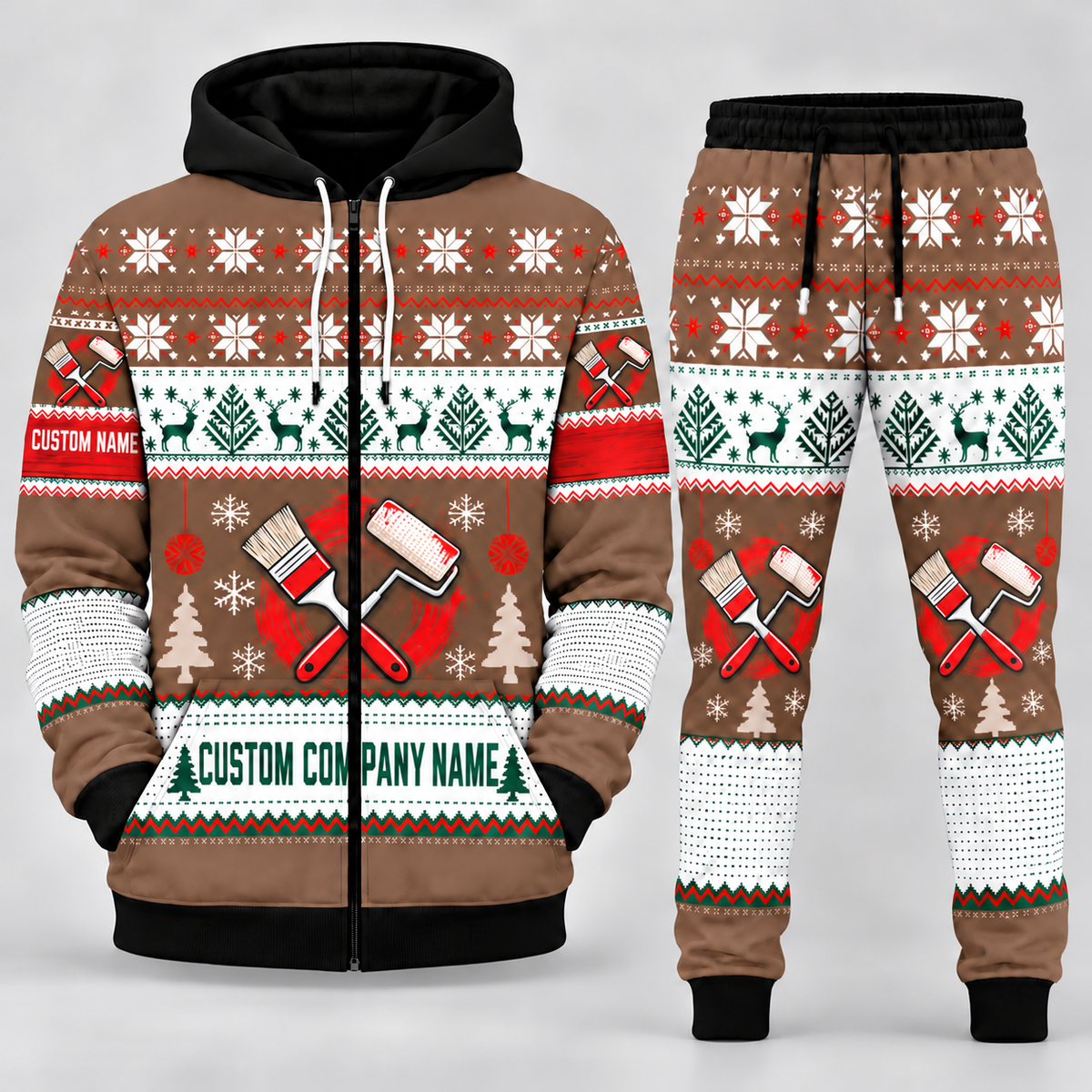 Personalized Painter Christmas Heritage Zip Hoodie + Jogger – Custom Name & Company — Brown variant