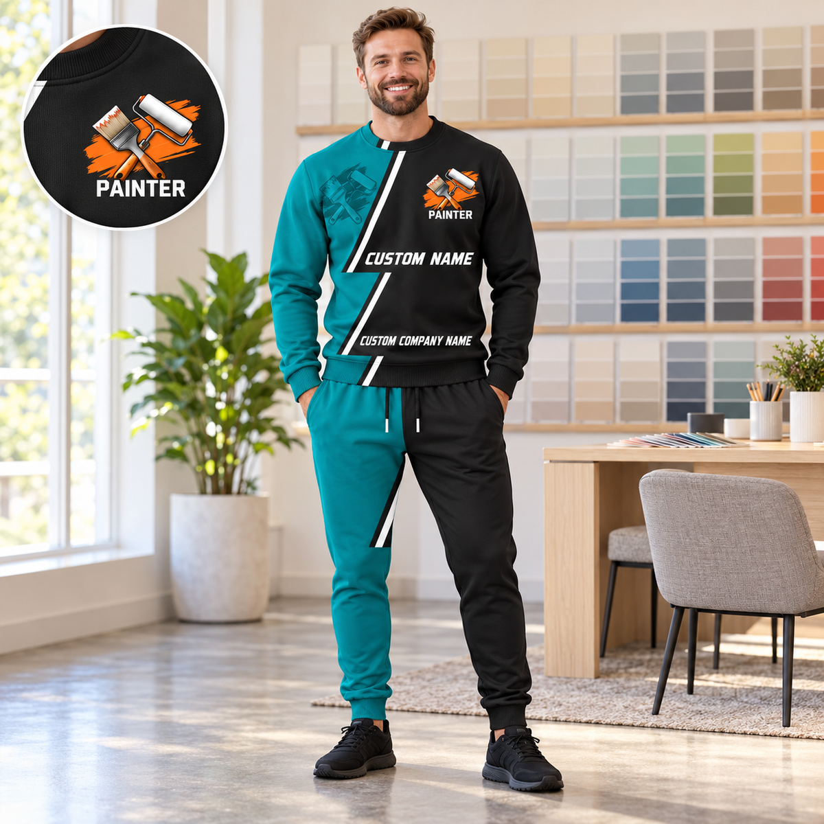 Personalized Painter Diagonal Stripe Sweater + Jogger Combo — dedicated listing hero