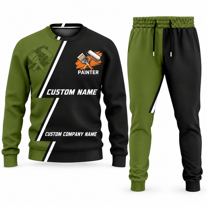 Personalized Painter Diagonal Stripe Sweater + Jogger Combo — Olive variant