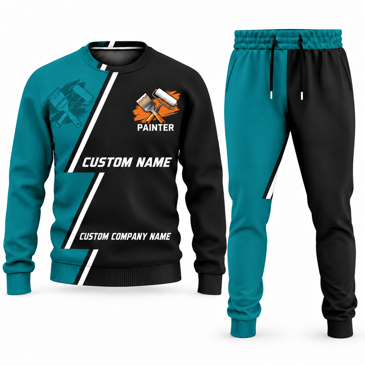 Personalized Painter Diagonal Stripe Sweater + Jogger Combo — Teal variant