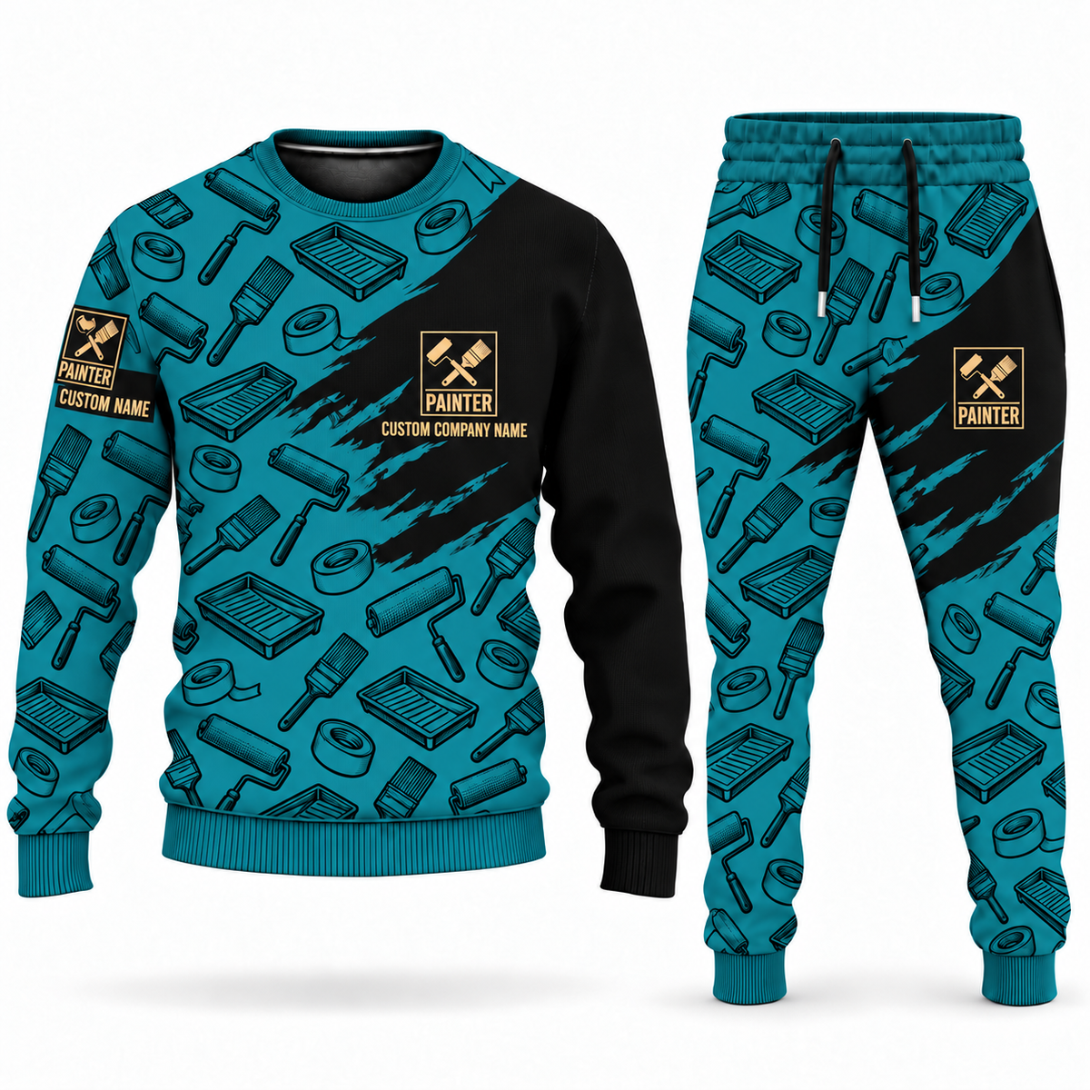 Personalized Painter Diagonal Brush Sweater + Jogger Combo — Teal variant