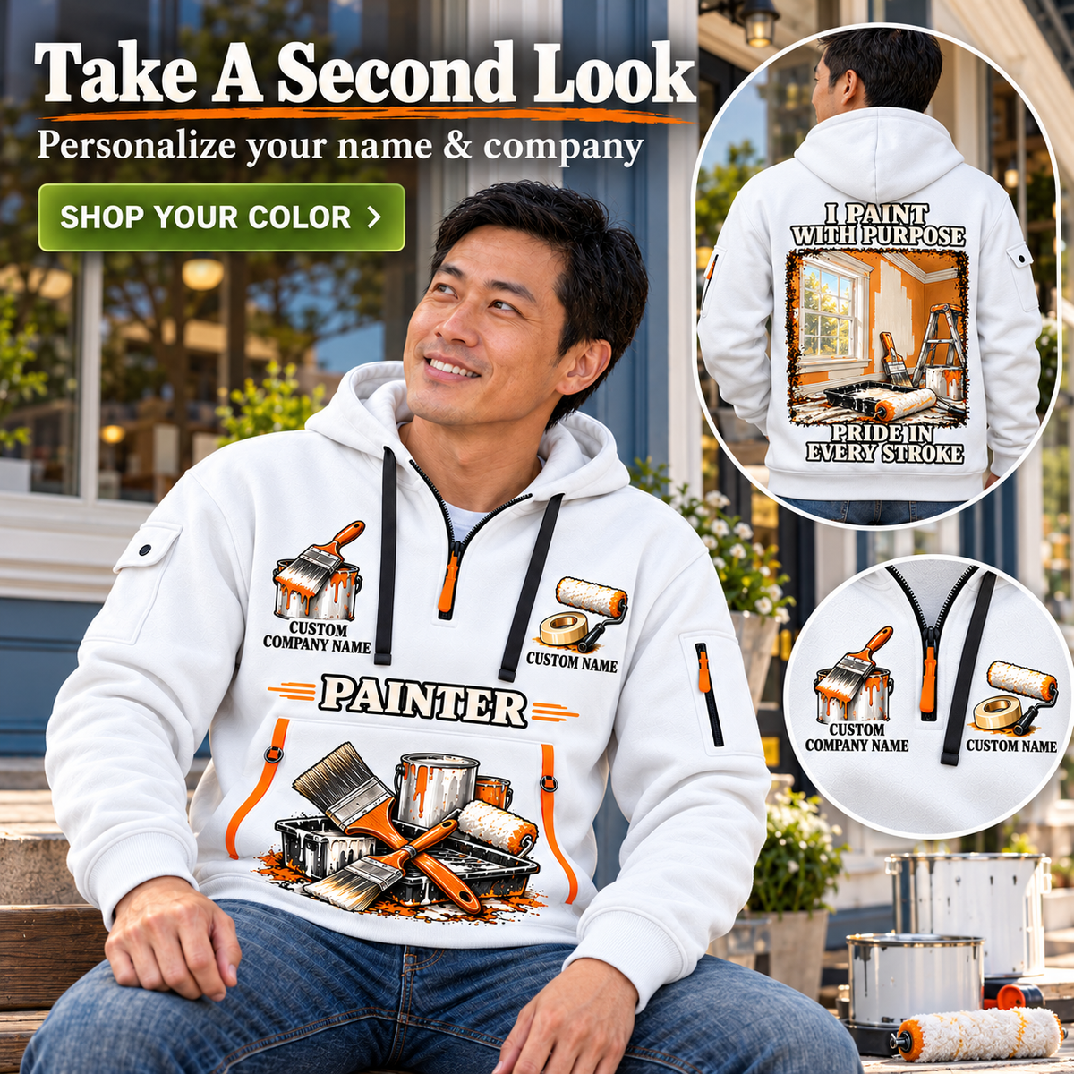 Personalized Painter Work with Purpose Quarter Zip Hoodie — dedicated listing hero
