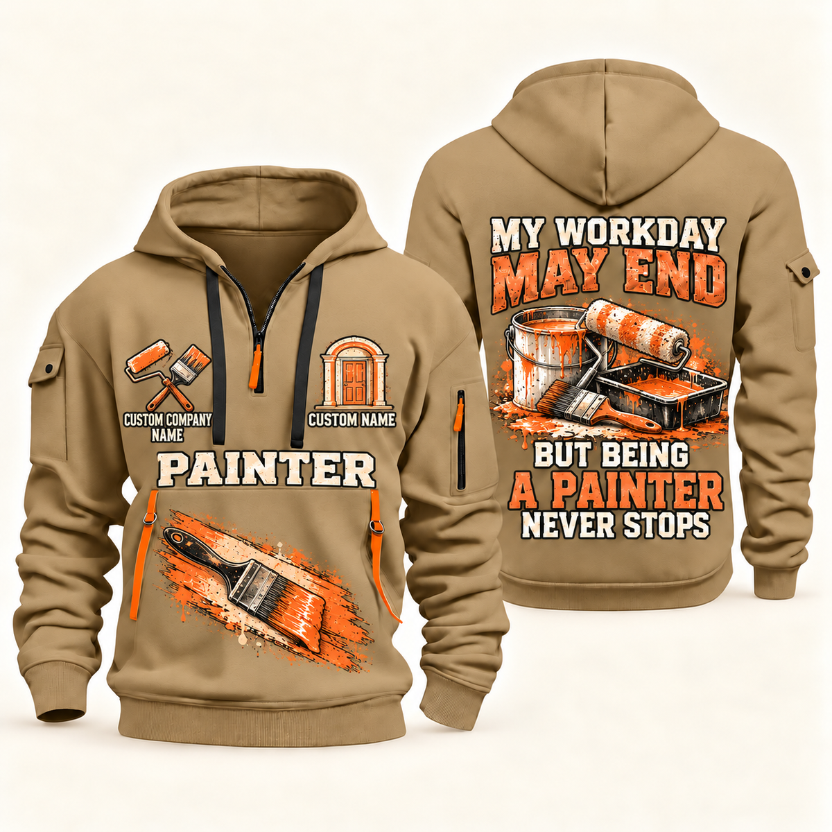 Personalized Painter Never Stops Quarter Zip Hoodie — Khaki variant