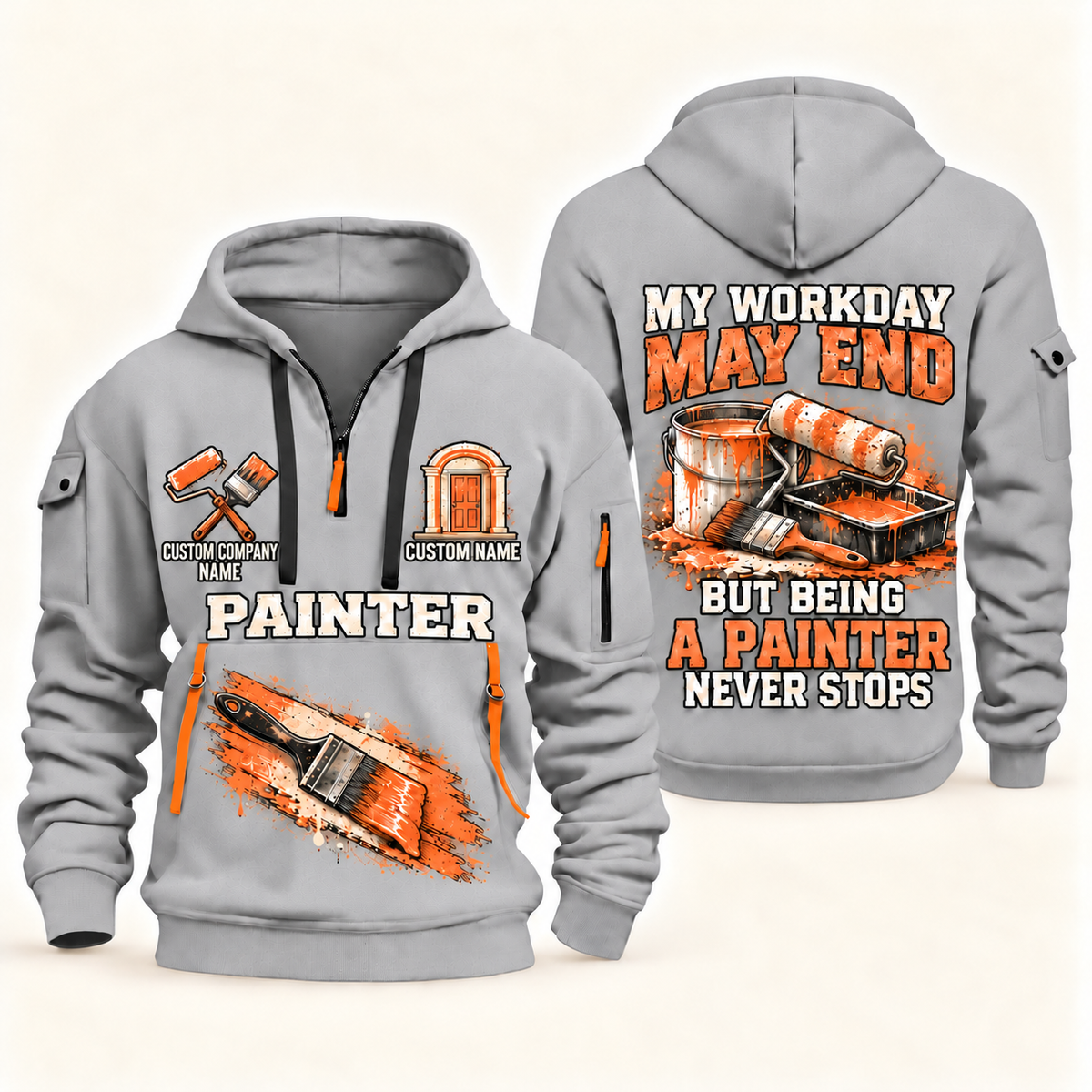 Personalized Painter Never Stops Quarter Zip Hoodie — Light Grey variant