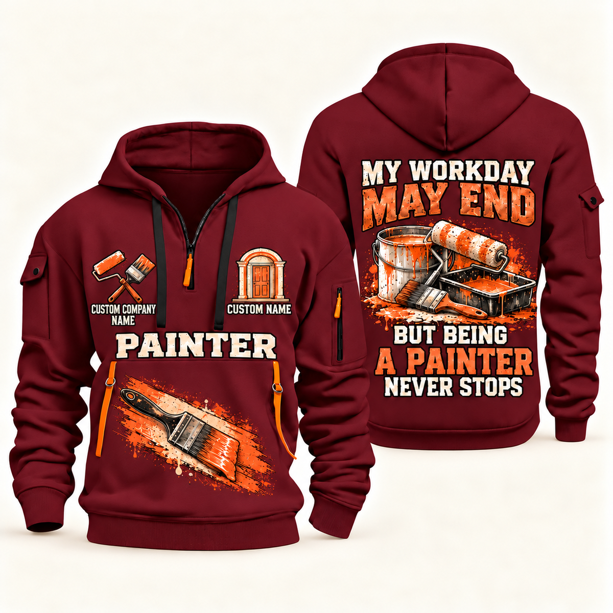 Personalized Painter Never Stops Quarter Zip Hoodie — Wine Red variant