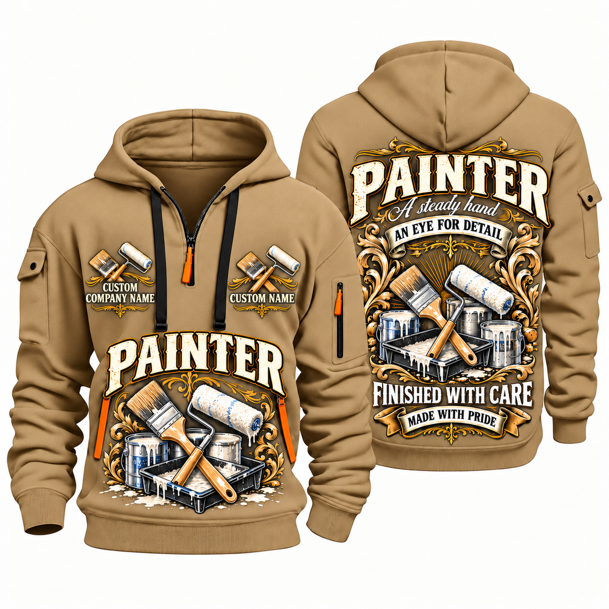 Personalized Painter Steady Hands Quarter Zip Hoodie — Khaki variant