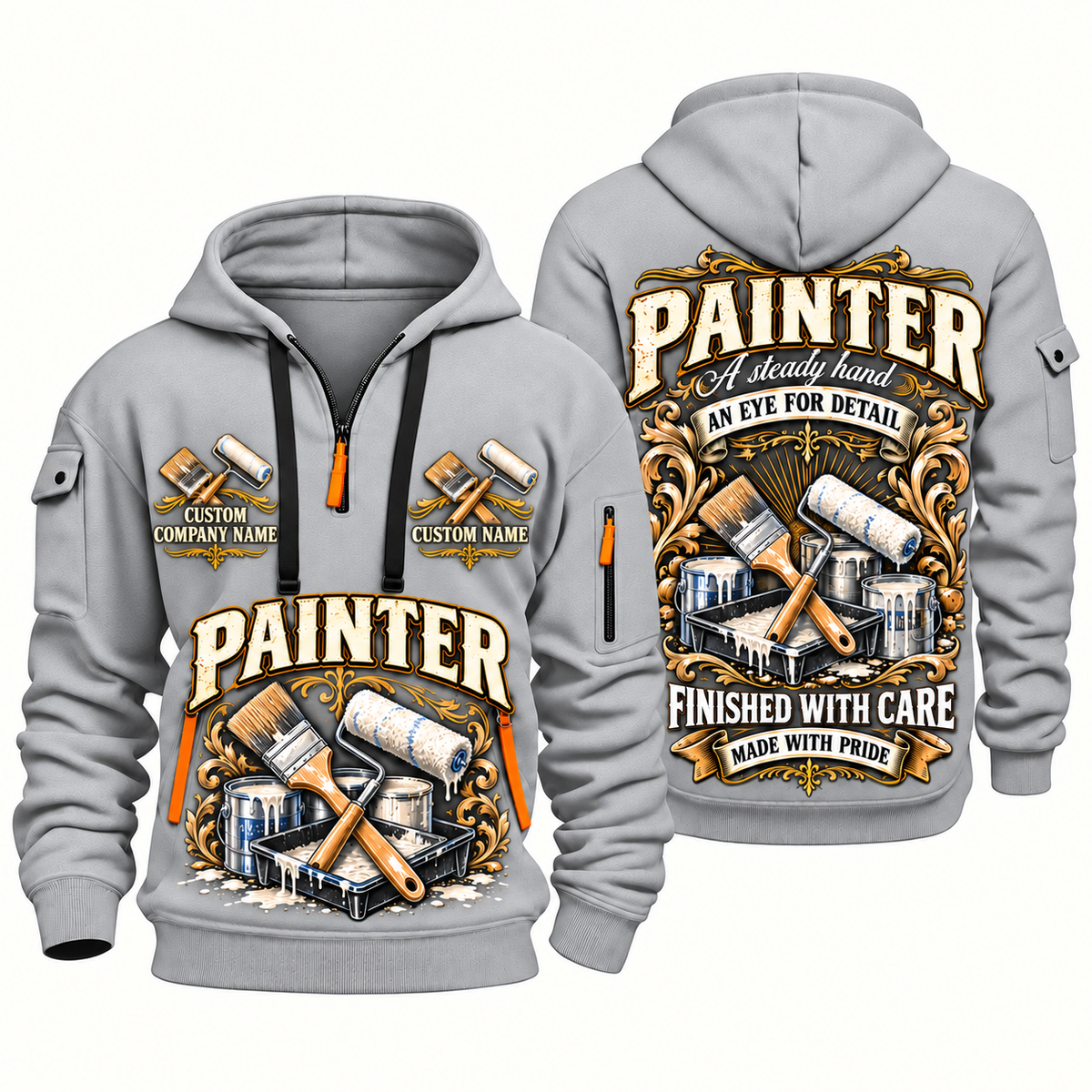 Personalized Painter Steady Hands Quarter Zip Hoodie — Light Grey variant