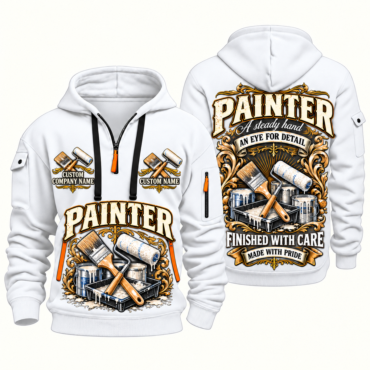 Personalized Painter Steady Hands Quarter Zip Hoodie — White variant