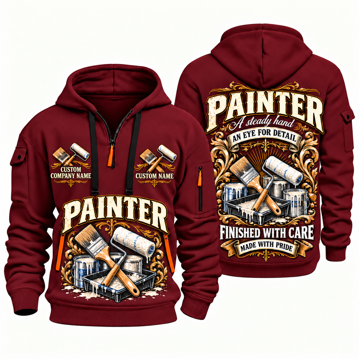 Personalized Painter Steady Hands Quarter Zip Hoodie — Wine Red variant