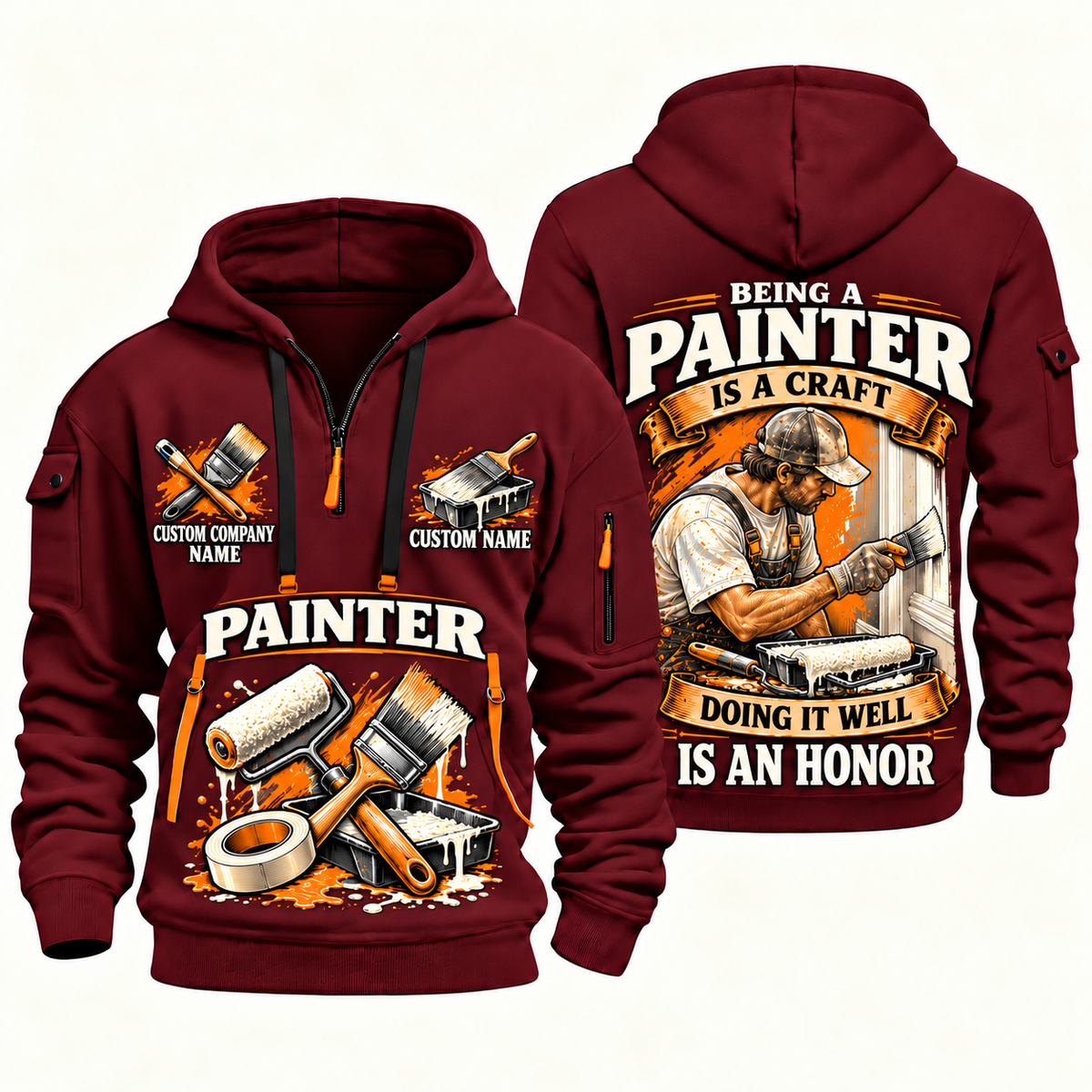 Personalized Painter Craft and Honor Quarter Zip Hoodie — Wine Red variant
