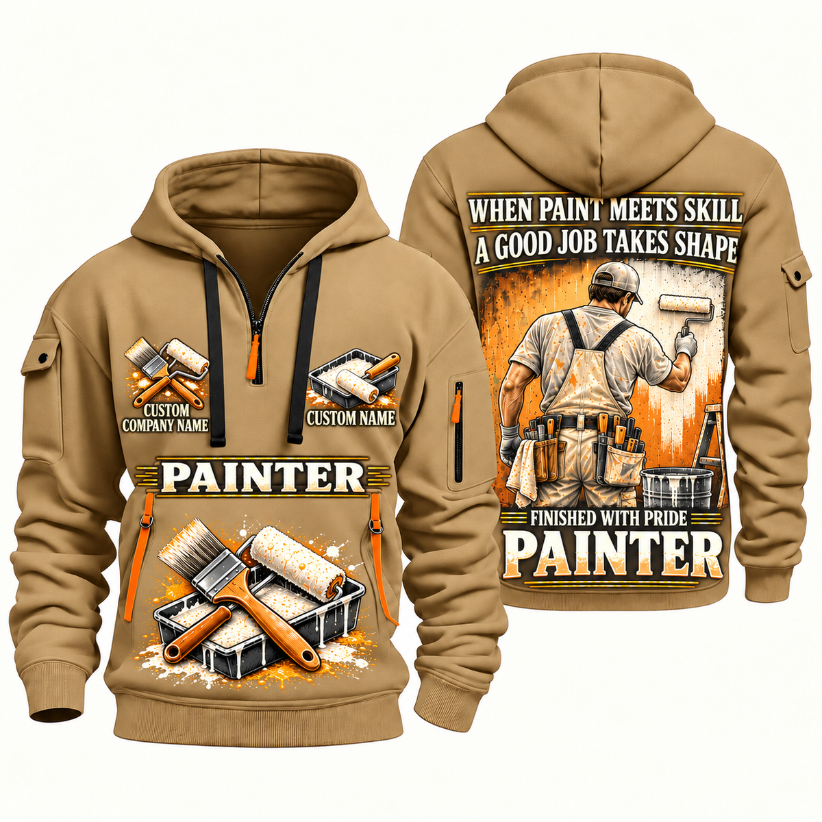Personalized Painter Finished with Pride Quarter Zip Hoodie — Khaki variant