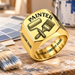 Painter Classic Emblem signet ring Gold listing hero with crossed paint roller and brush, custom name and company name