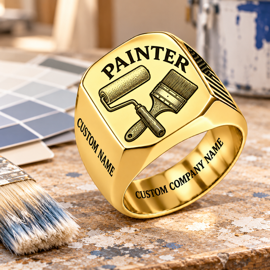 Painter Classic Emblem signet ring Gold listing hero with crossed paint roller and brush, custom name and company name