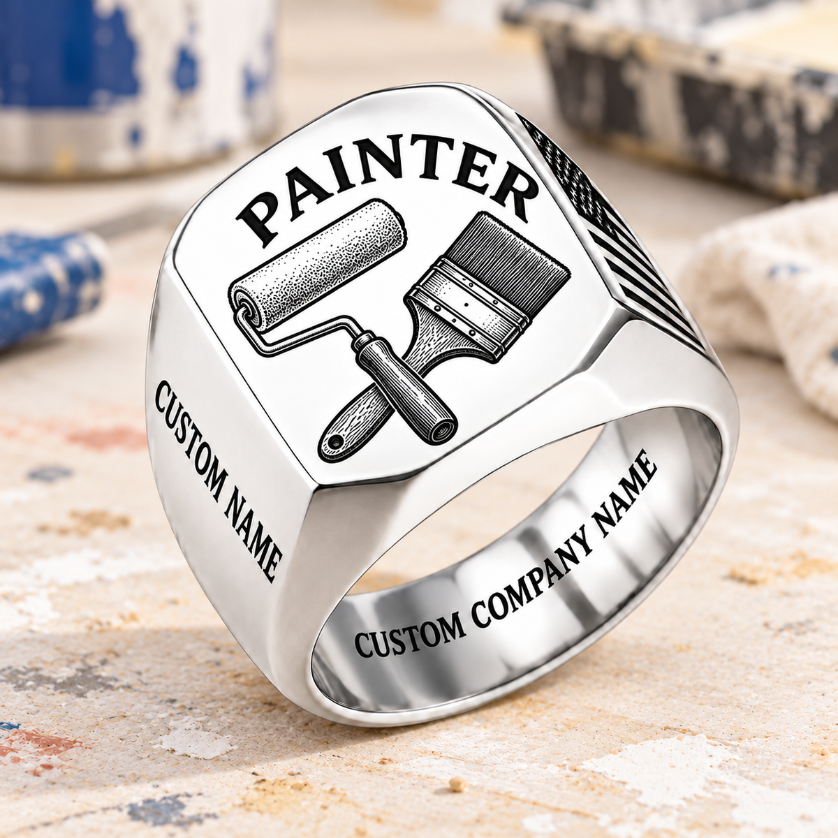 Painter Classic Emblem signet ring in Silver finish