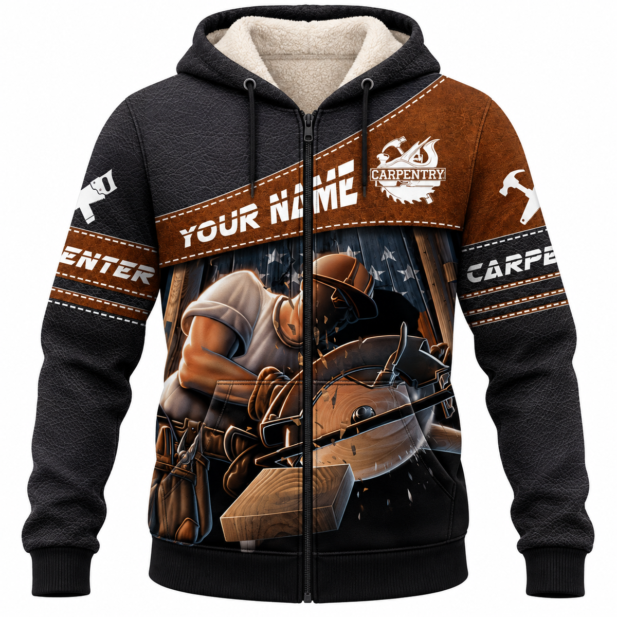 Personalized Carpenter Fleece Zip Hoodie - Brown Diagonal Band Circular Saw, front view