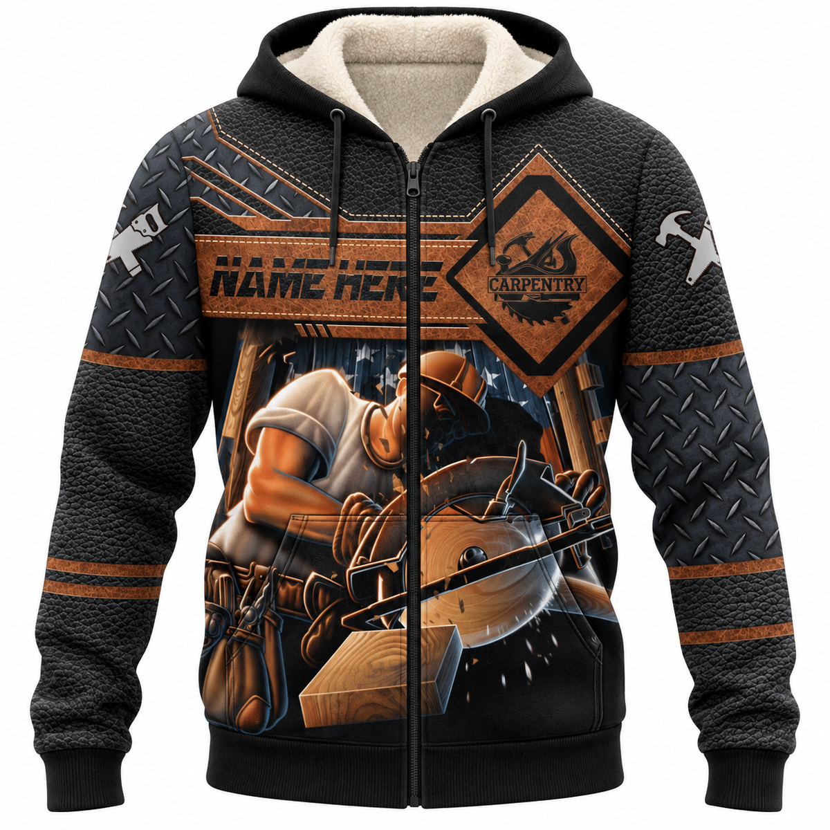 Personalized Carpenter Fleece Zip Hoodie - Brown Diamond Panel Circular Saw, front view