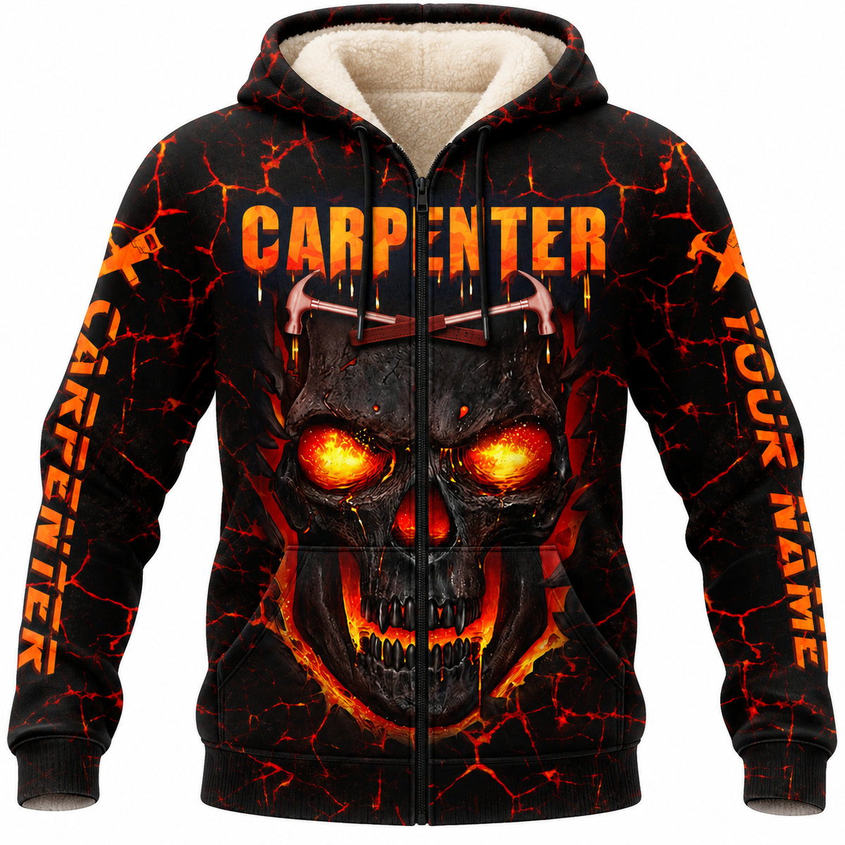 Personalized Carpenter Fleece Zip Hoodie - Fiery Orange Skull, front view