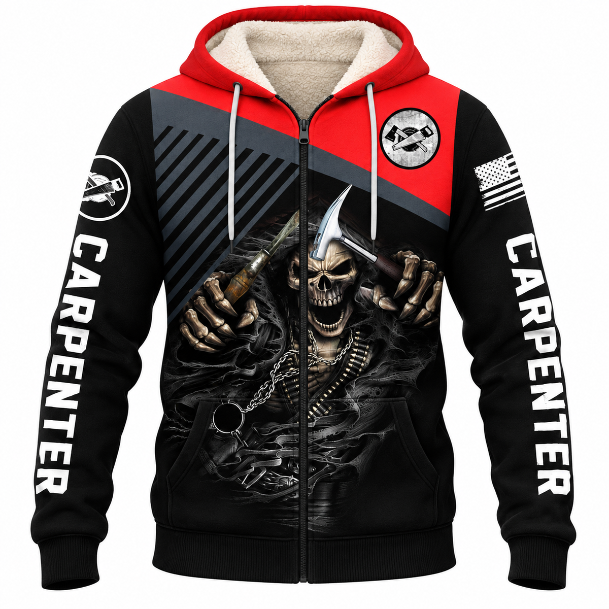 Personalized Carpenter Fleece Zip Hoodie - Red Black Hooded Skull, front view