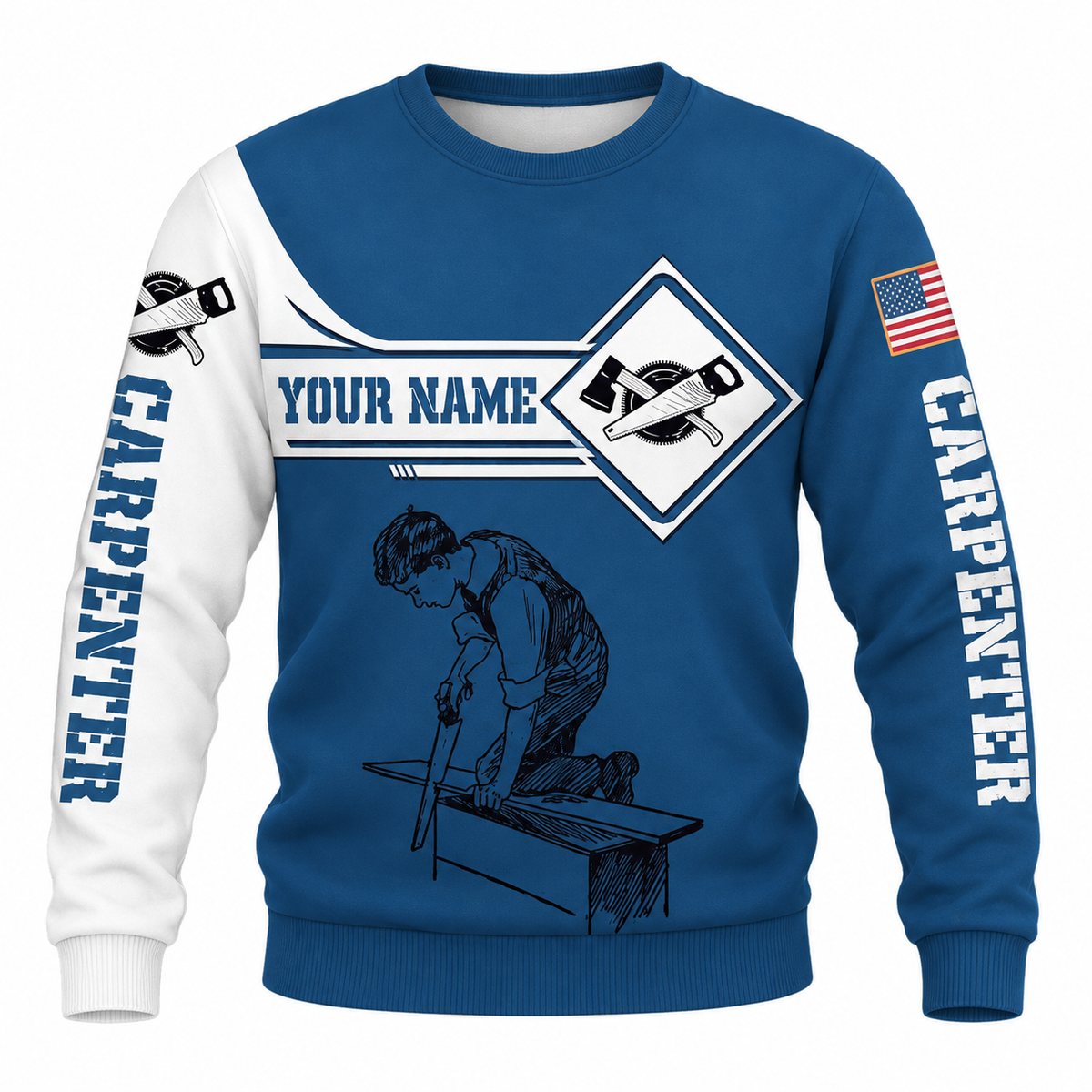 Personalized Carpenter Sweatshirt - Blue White Saw Badge, front view