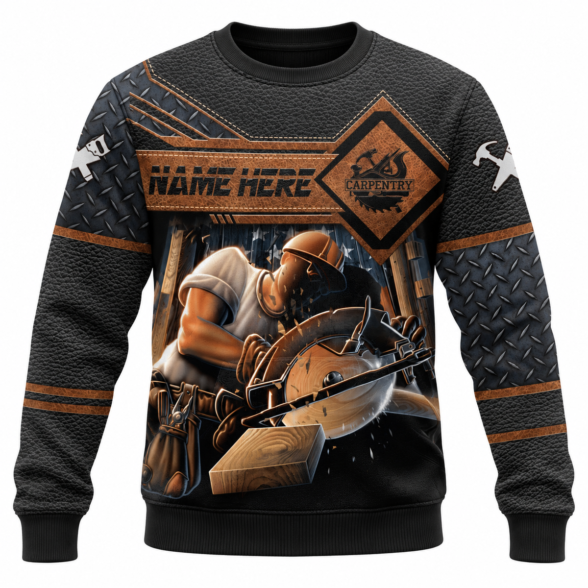 Personalized Carpenter Sweatshirt - Brown Diamond Panel Circular Saw, front view