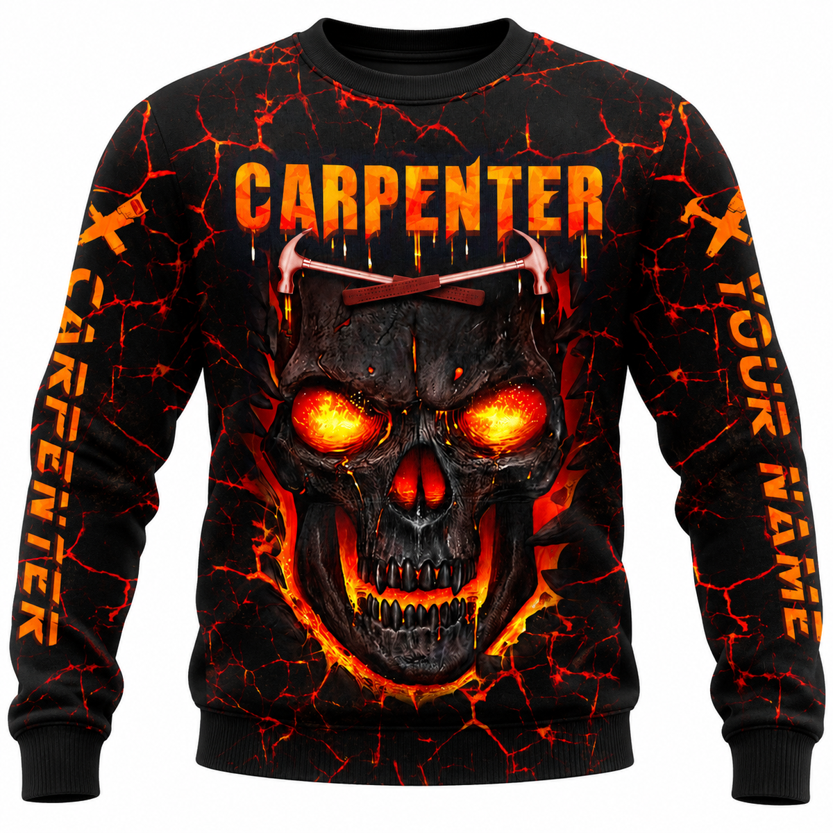 Personalized Carpenter Sweatshirt - Fiery Orange Skull, front view