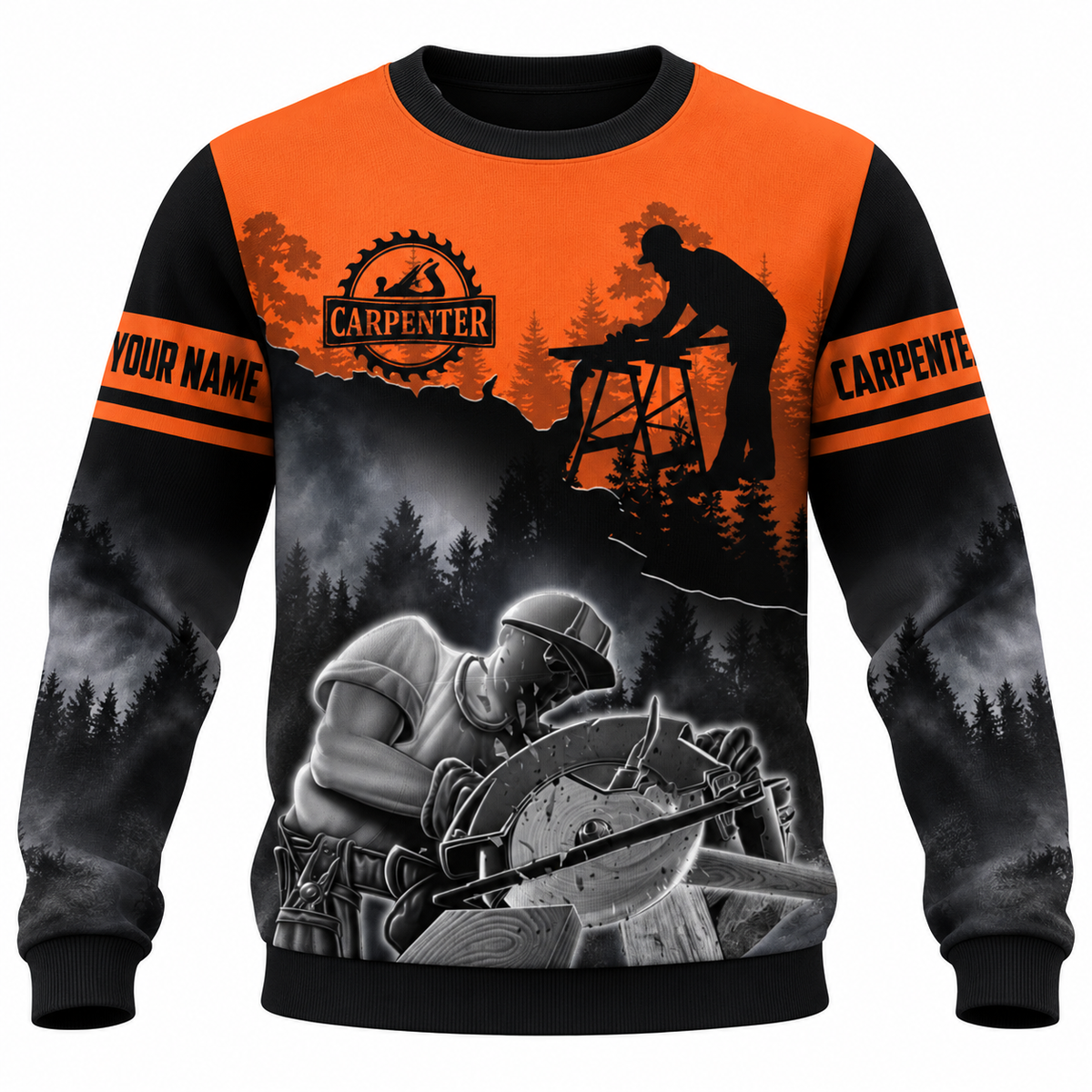 Personalized Carpenter Sweatshirt - Orange Black Workshop Scene, front view