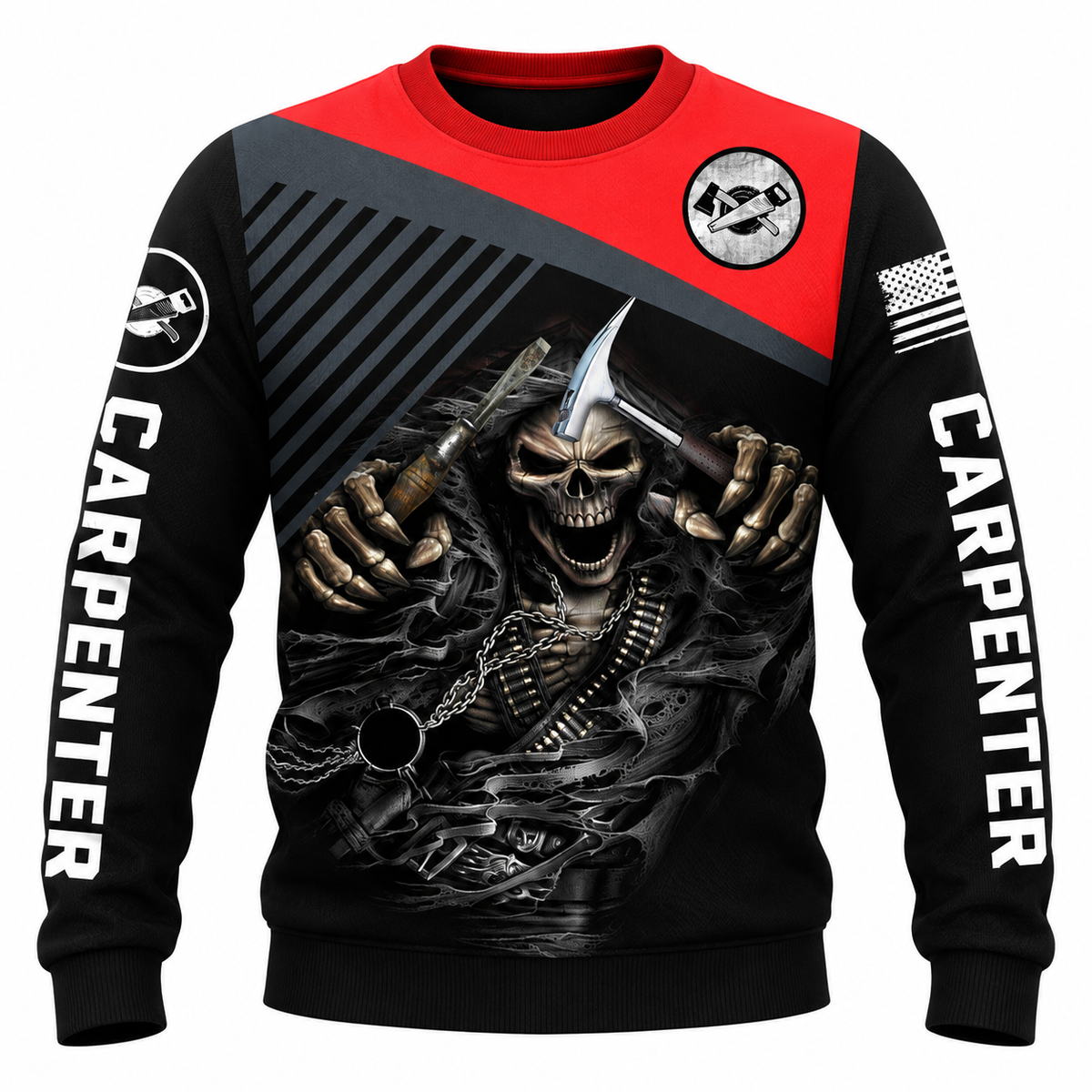 Personalized Carpenter Sweatshirt - Red Black Hooded Skull, front view