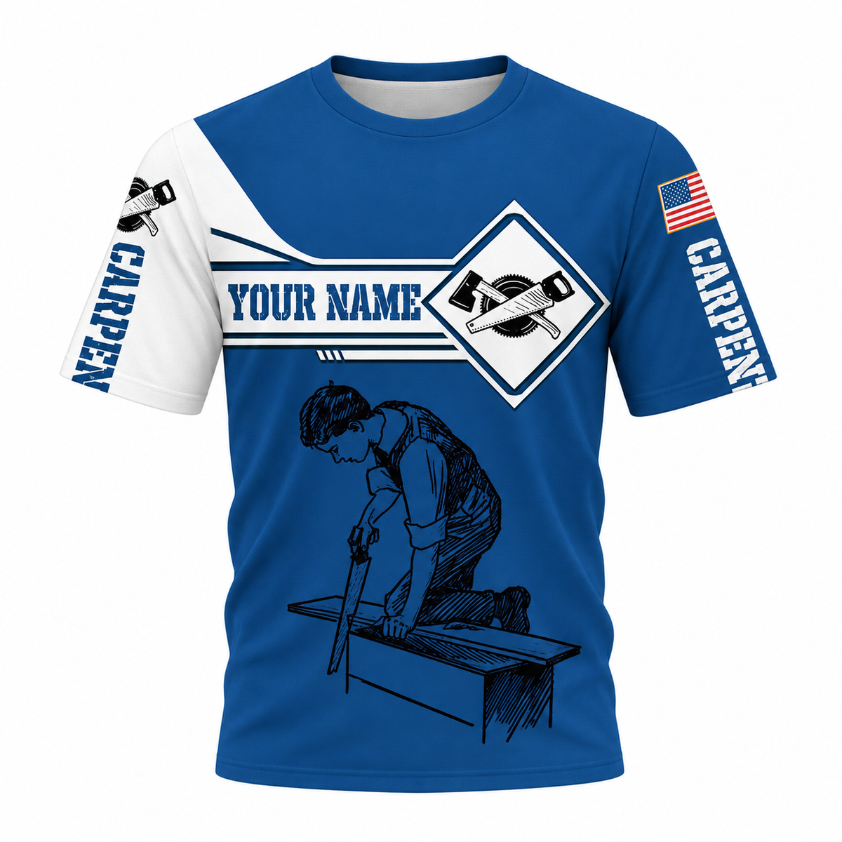 Personalized Carpenter T-Shirt - Blue White Saw Badge, front view