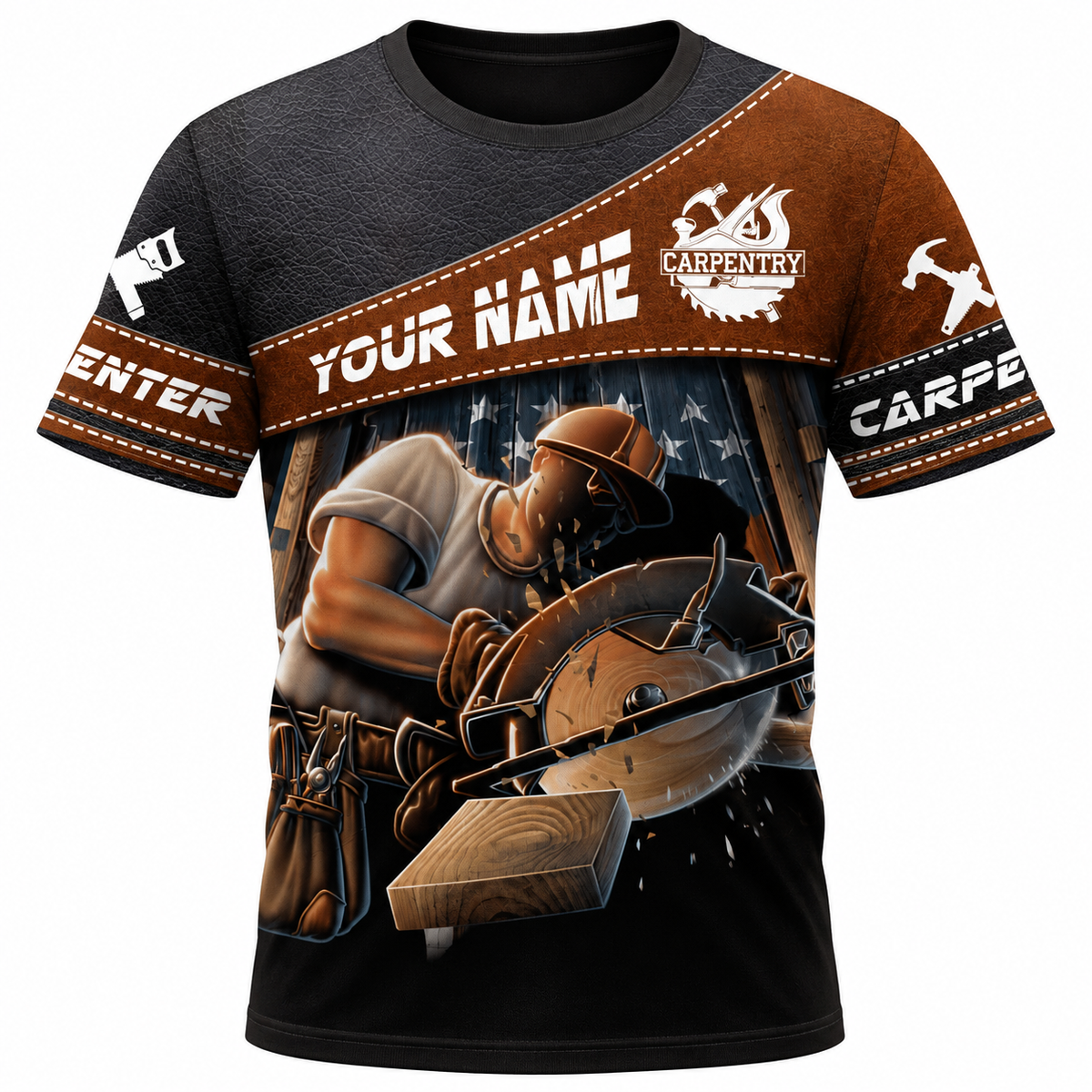 Personalized Carpenter T-Shirt - Brown Diagonal Band Circular Saw, front view
