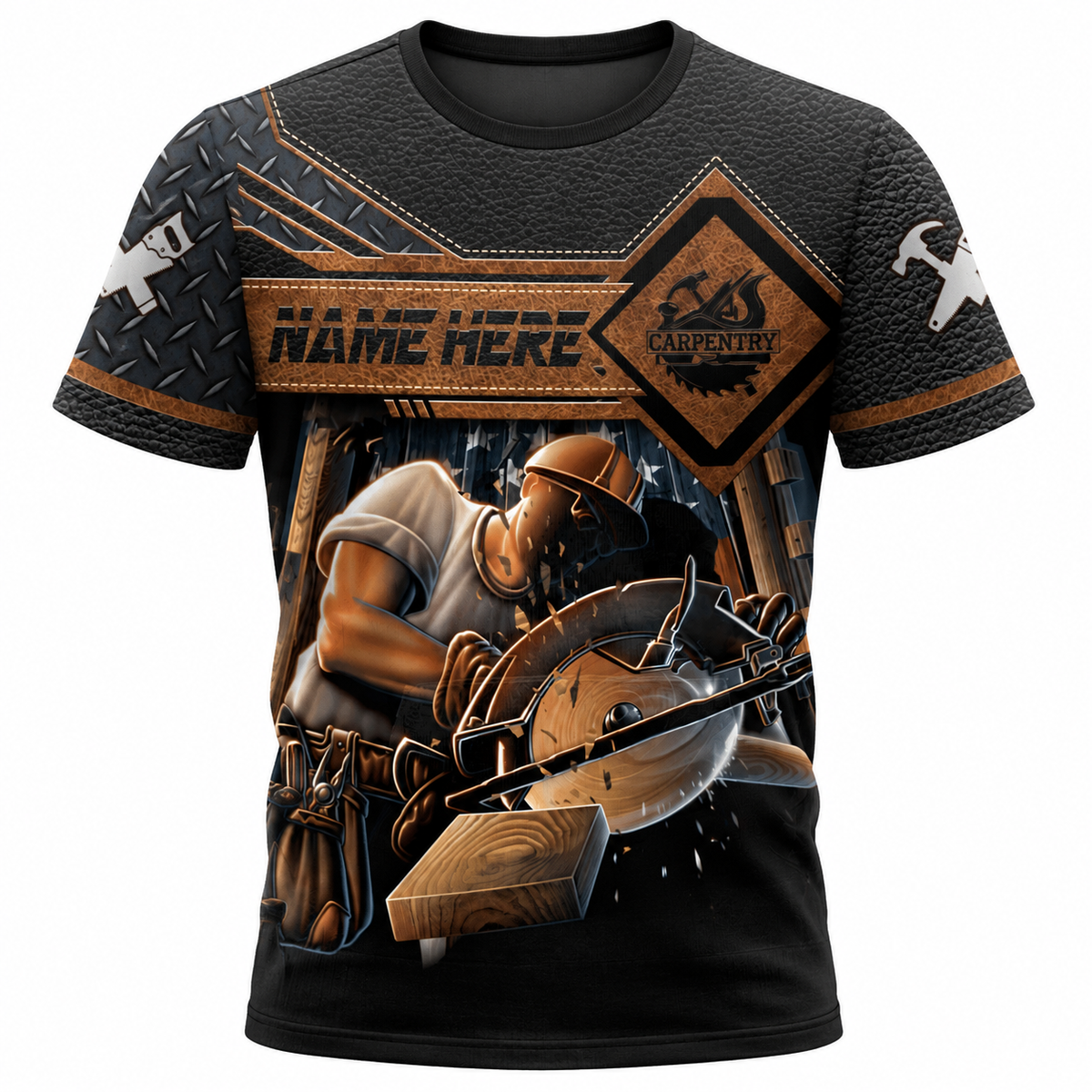 Personalized Carpenter T-Shirt - Brown Diamond Panel Circular Saw, front view