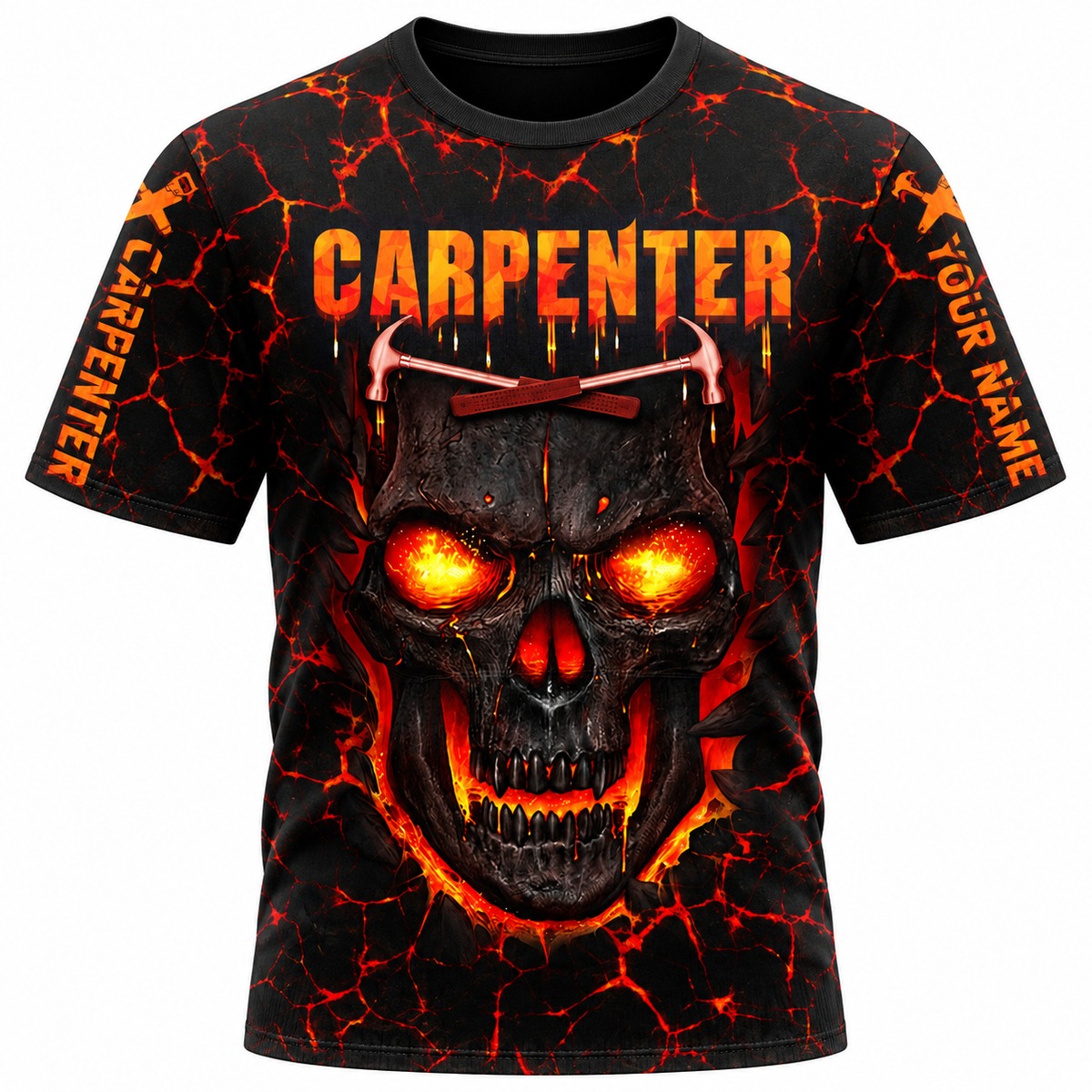 Personalized Carpenter T-Shirt - Fiery Orange Skull, front view