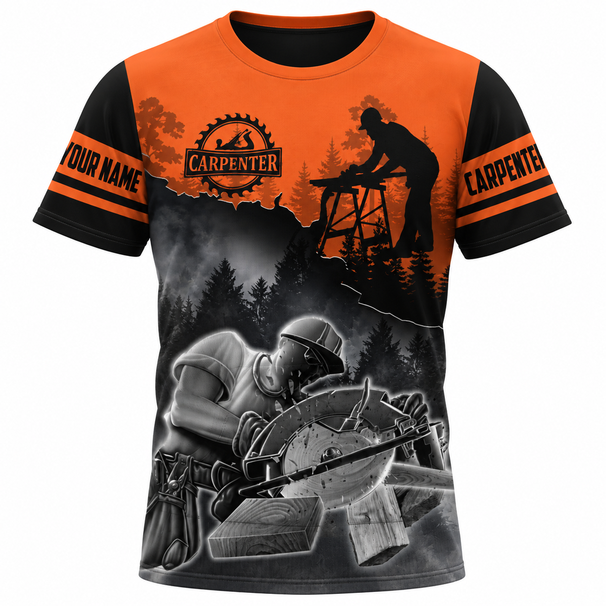 Personalized Carpenter T-Shirt - Orange Black Workshop Scene, front view