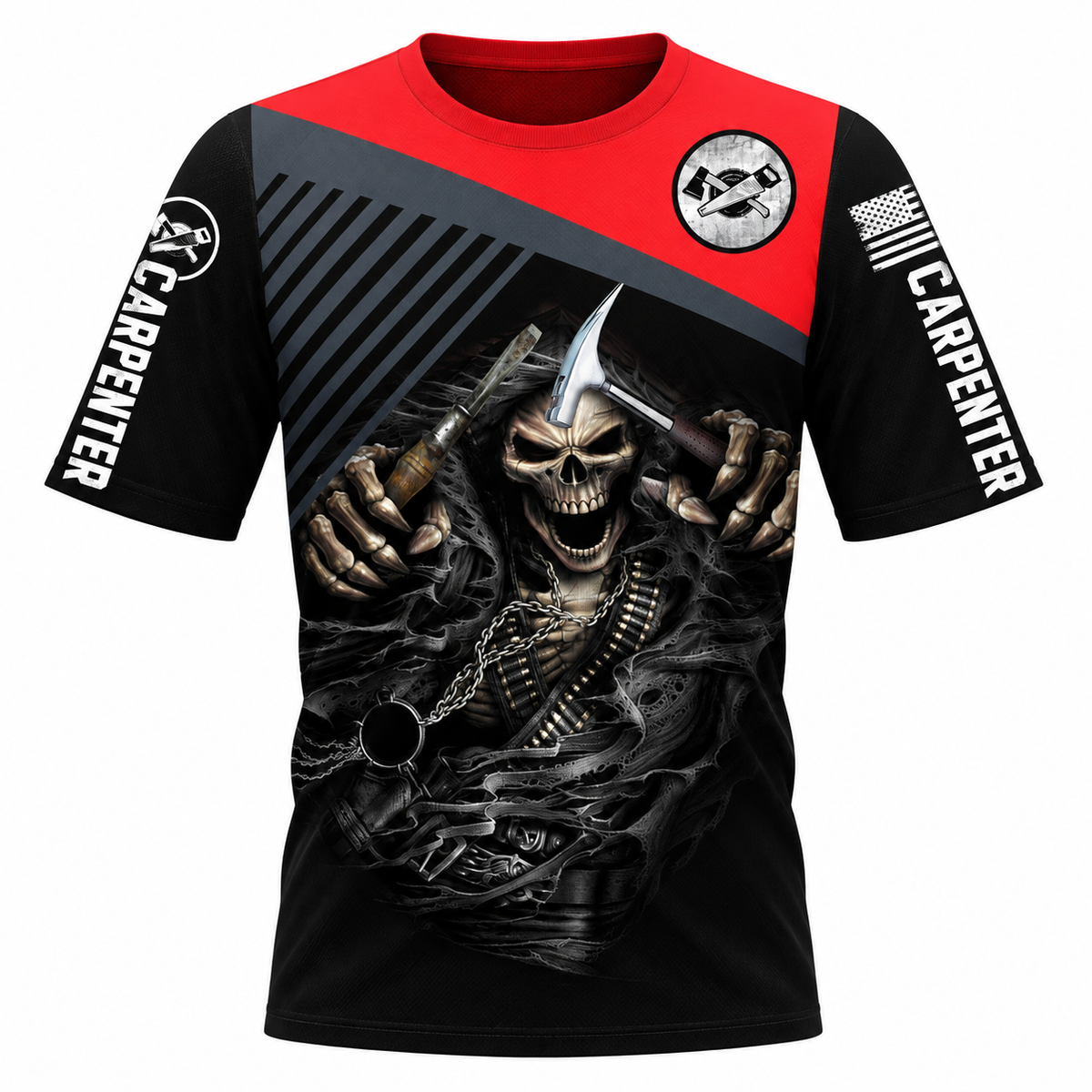 Personalized Carpenter T-Shirt - Red Black Hooded Skull, front view