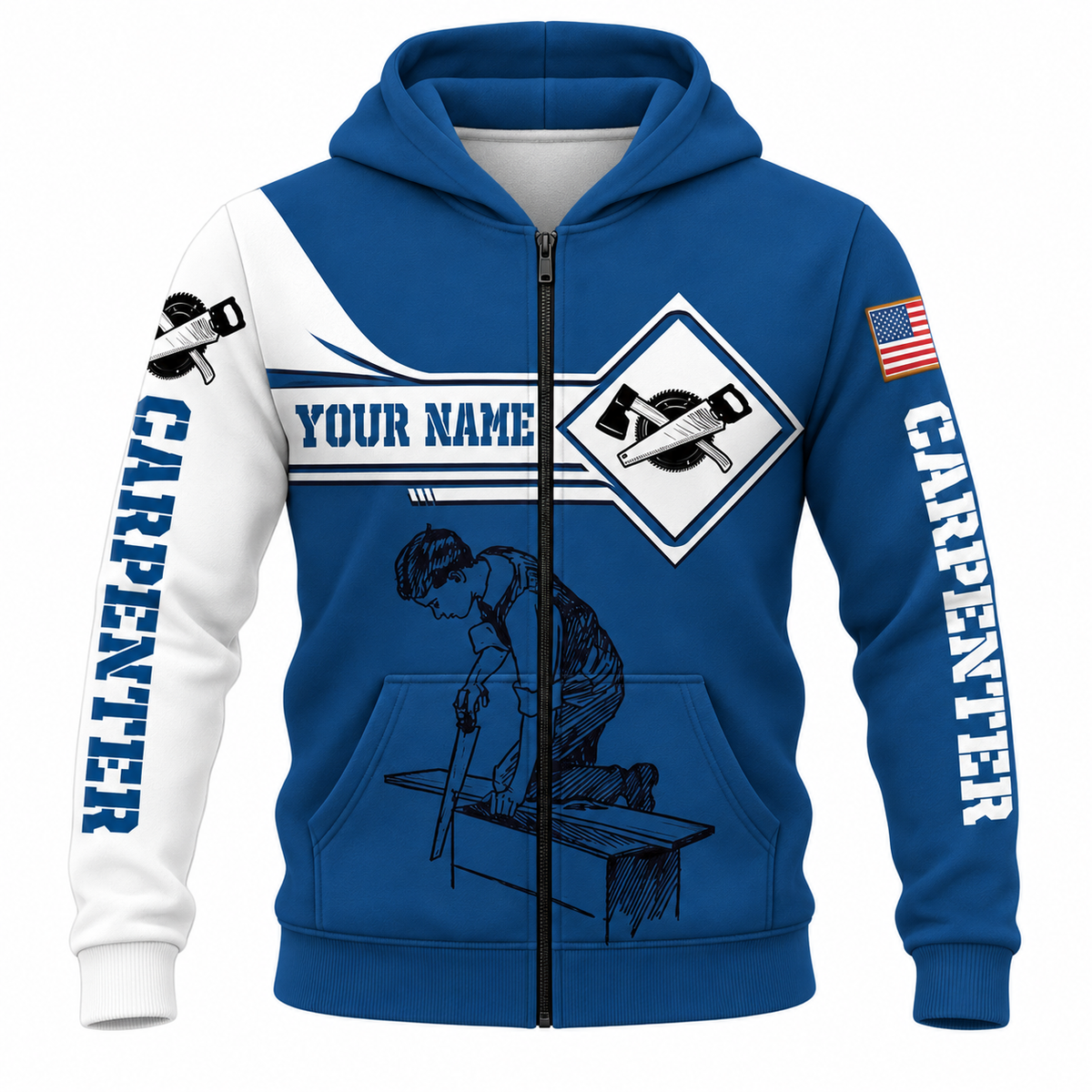 Personalized Carpenter Zip Hoodie - Blue White Saw Badge, front view