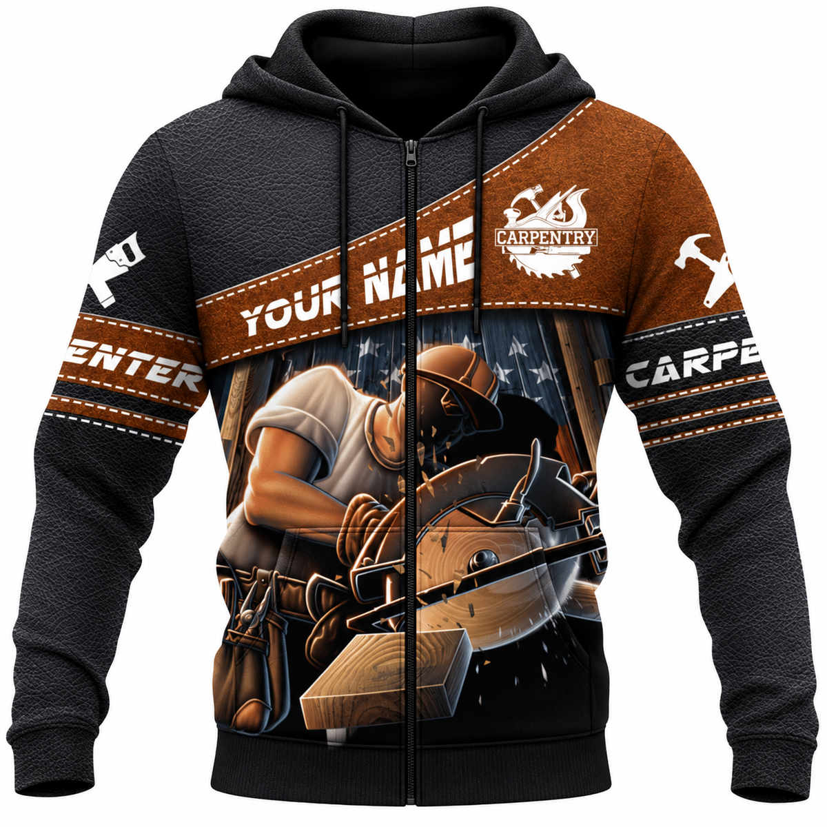 Personalized Carpenter Zip Hoodie - Brown Diagonal Band Circular Saw, front view